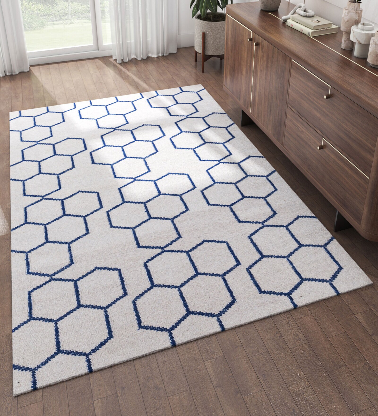 Blue Geometrical Wool 5 ft X 8 ft Flat Weaves
