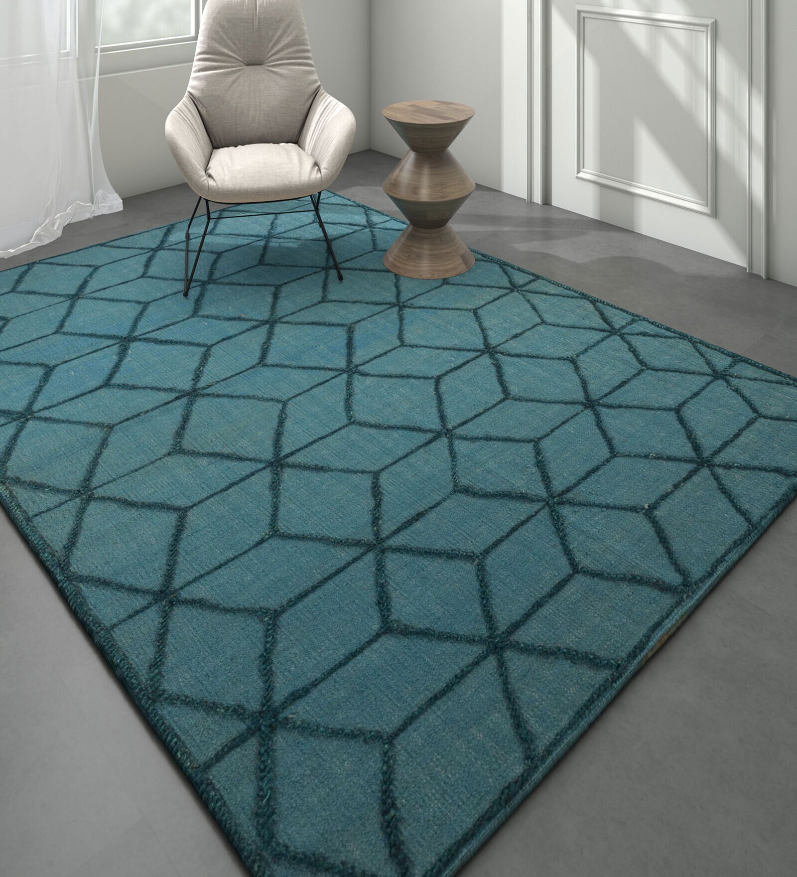 Blue Geometrical Wool 5 ft X 8 ft Rectangle Flat Weaves