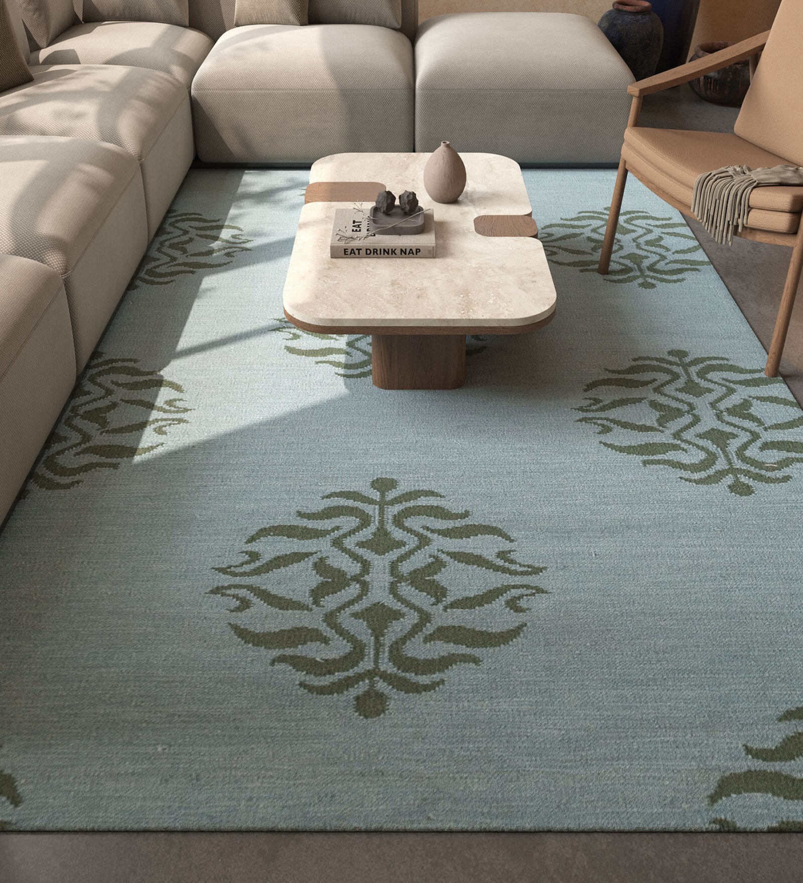 Blue Geometrical Wool 5 ft X 8 ft Flat Weaves
