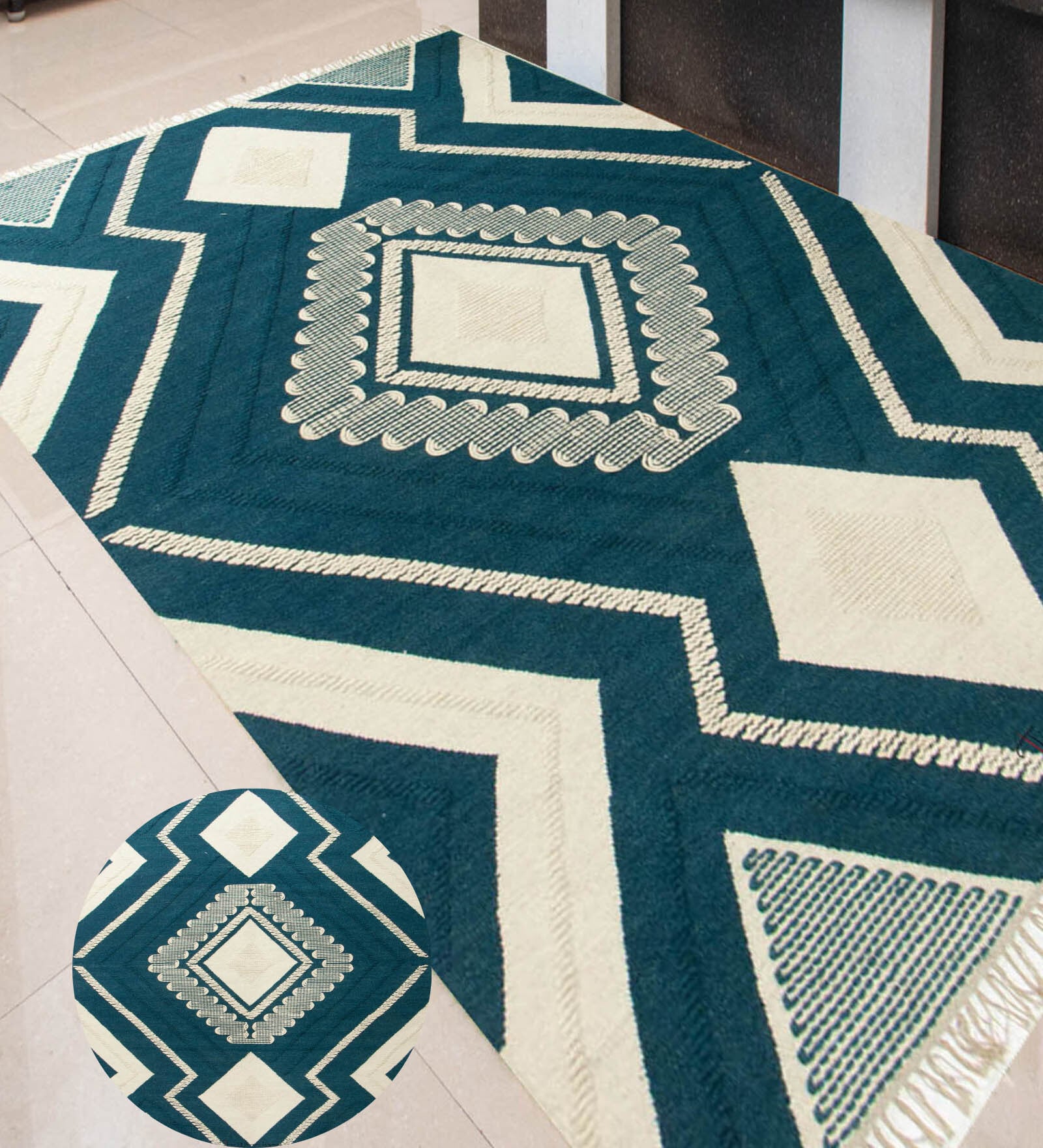 Blue Geometrical Wool 7X6 Feet Hand Woven Carpet
