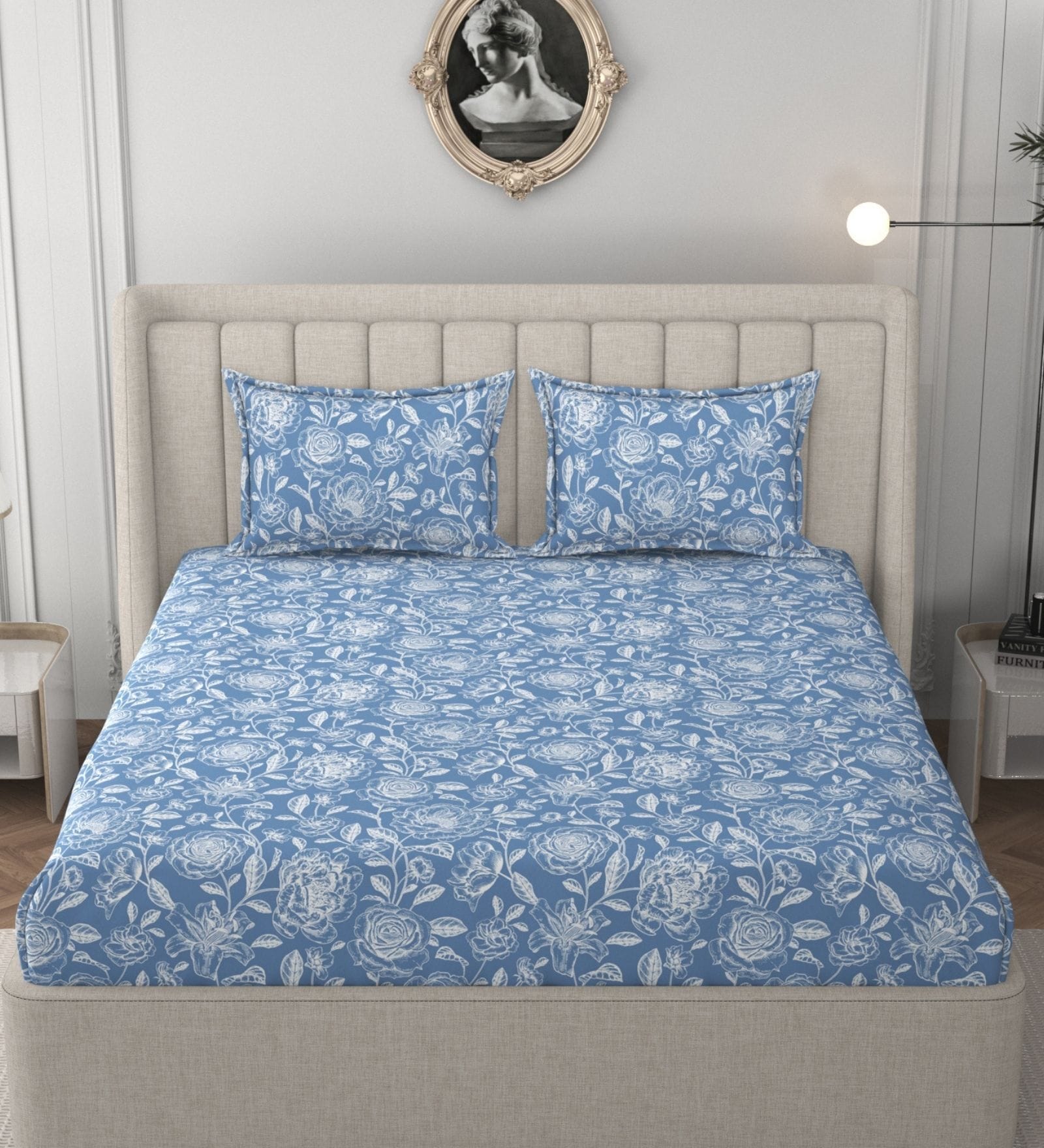 Blue Glace Cotton Floral Print Elastic Fitted King Bedsheet With 2 Pillow Covers