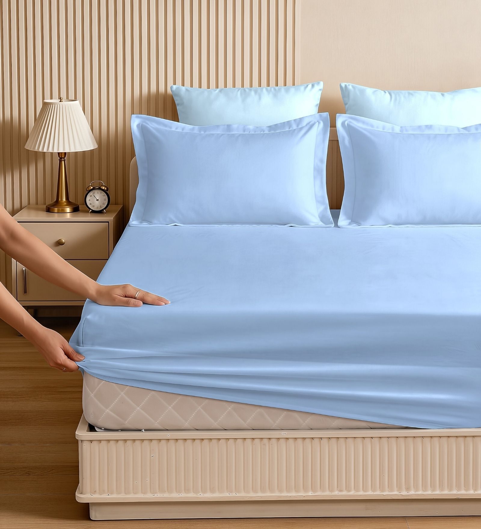 Blue Glace Cotton Elastic Fitted King Bedsheet With 2 Pillow Covers