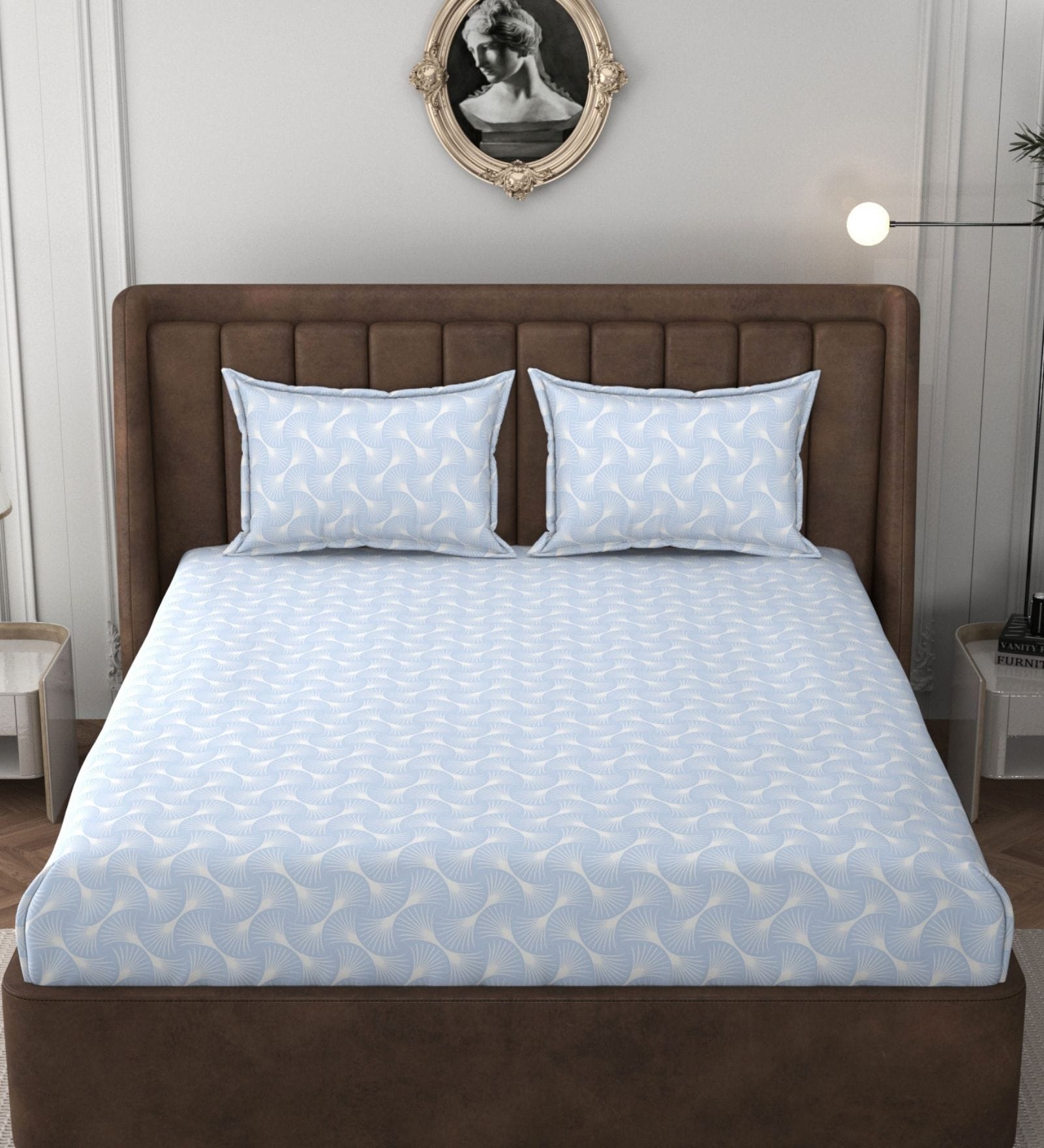 Blue Glace Cotton Self Design Elastic Fitted King Bedsheet With 2 Pillow Covers