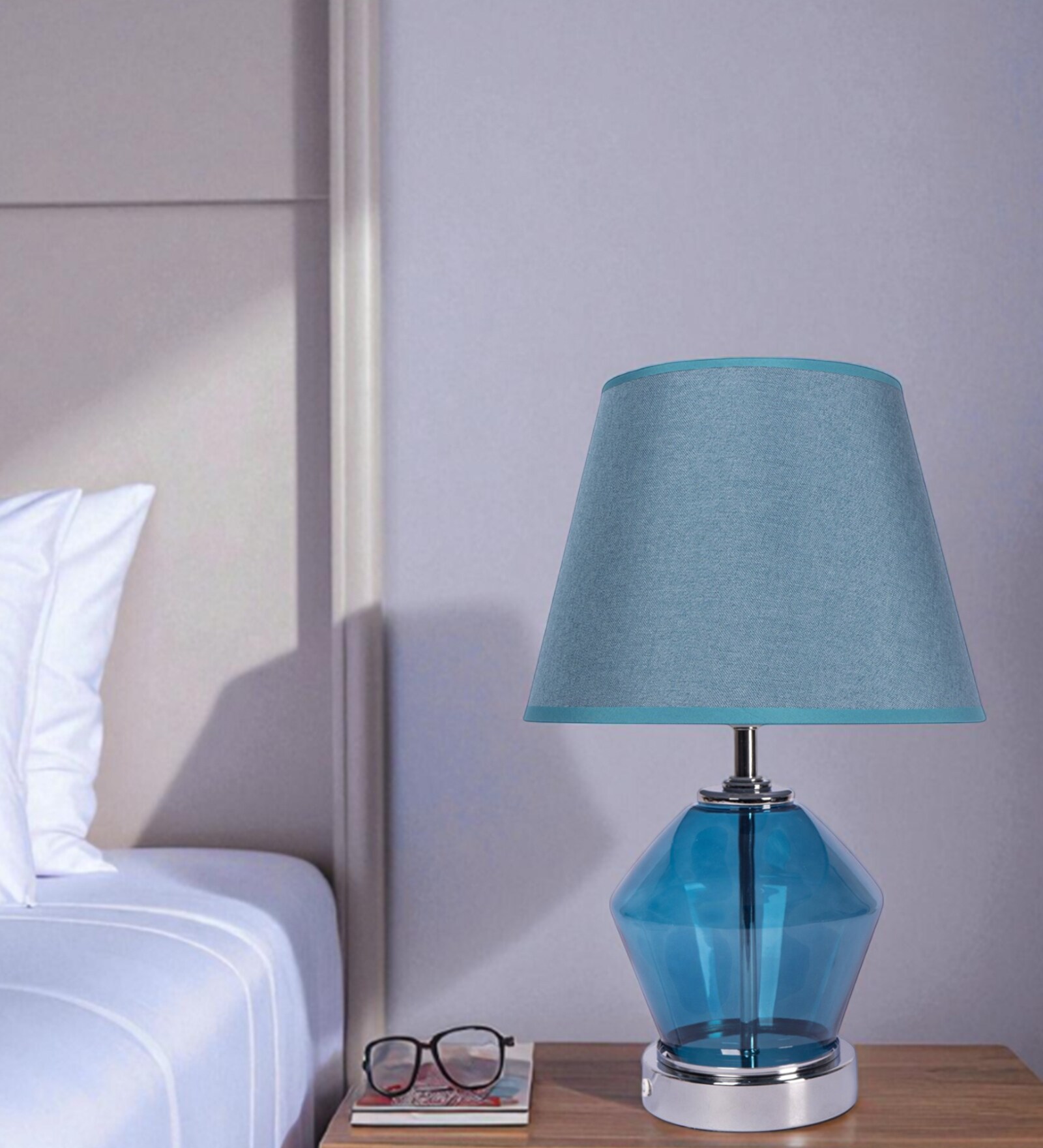 Blue Glass Table Lamp with Metal Base and Fabric Shade   Elegant Modern Design