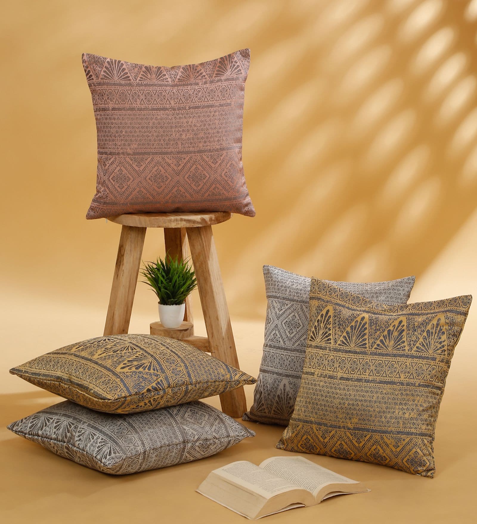 Blue,Grey and Blush Polyester Jacquard 16x16 inches Cushion Cover Set of 5