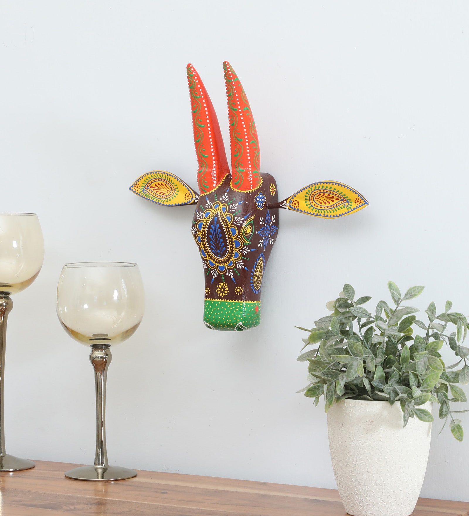 Blue Handcrafted Cow Sclupture Mango Wood Wall Mask