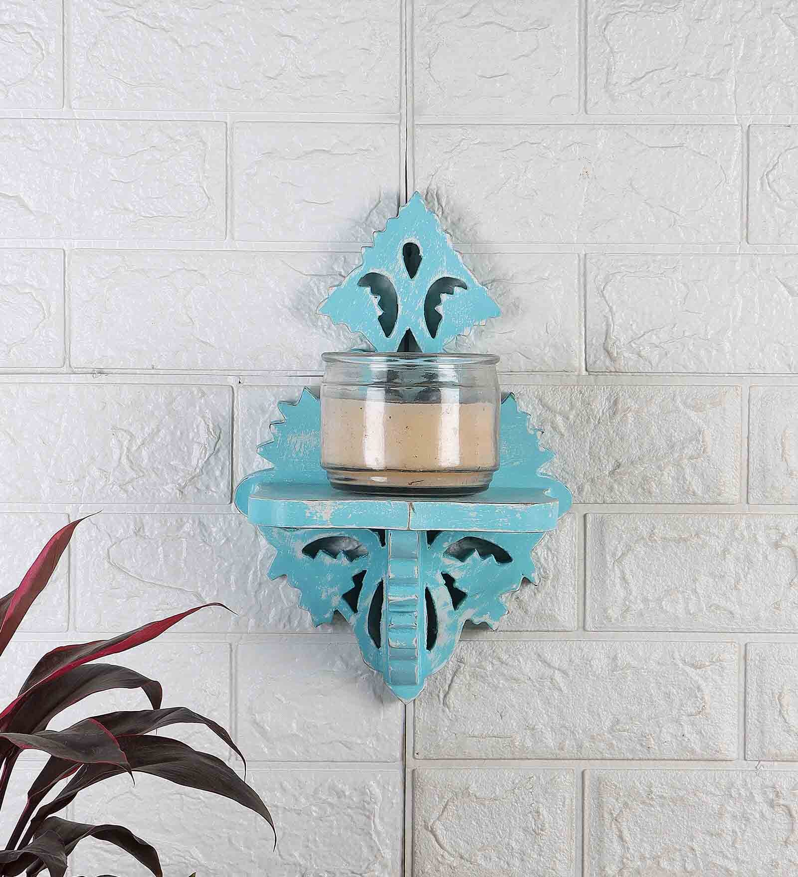 Blue Handcrafted Solid Wood Traditional Wall Shelf