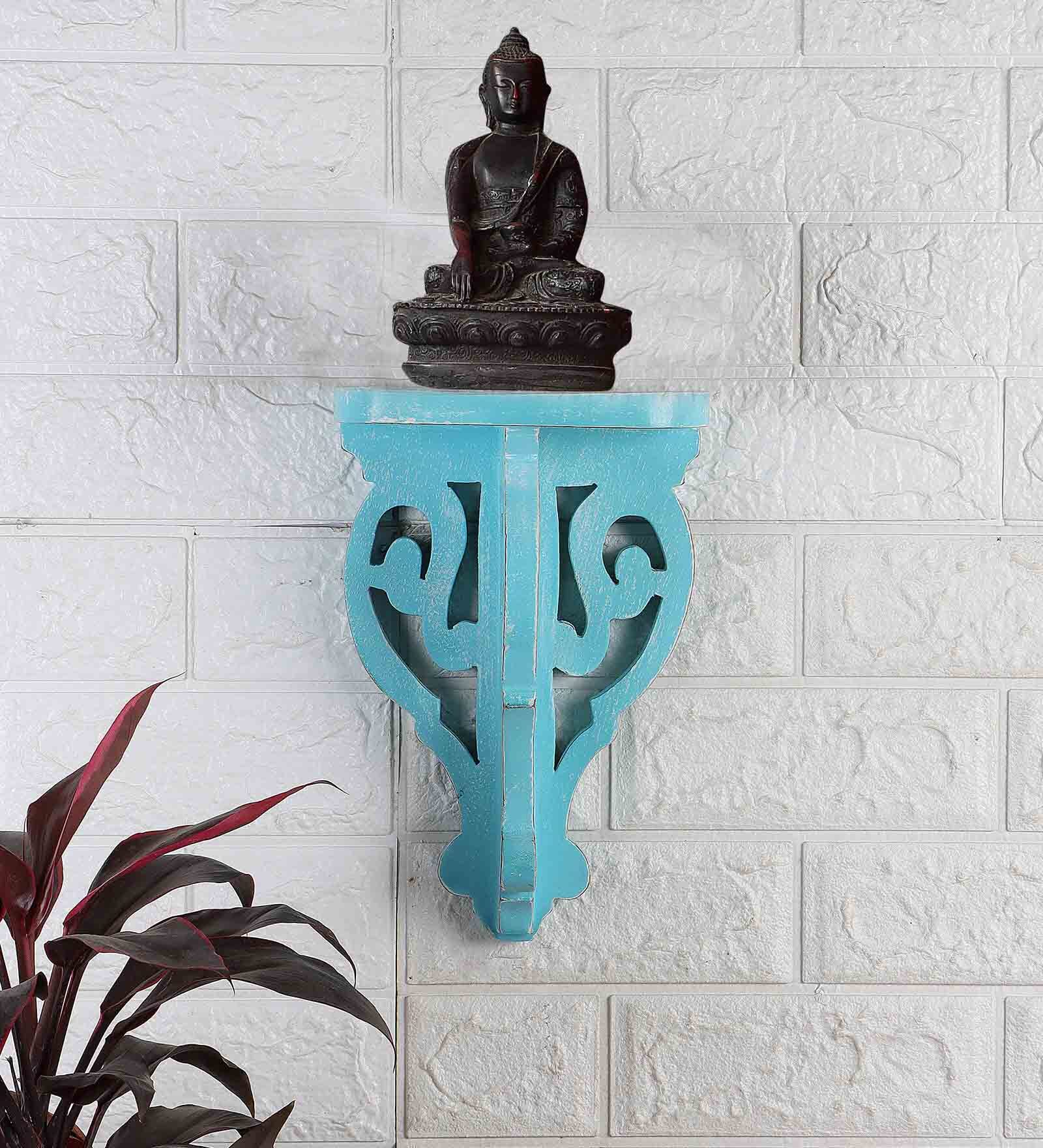 Blue Handcrafted Solid Wood Traditional Wall Shelf