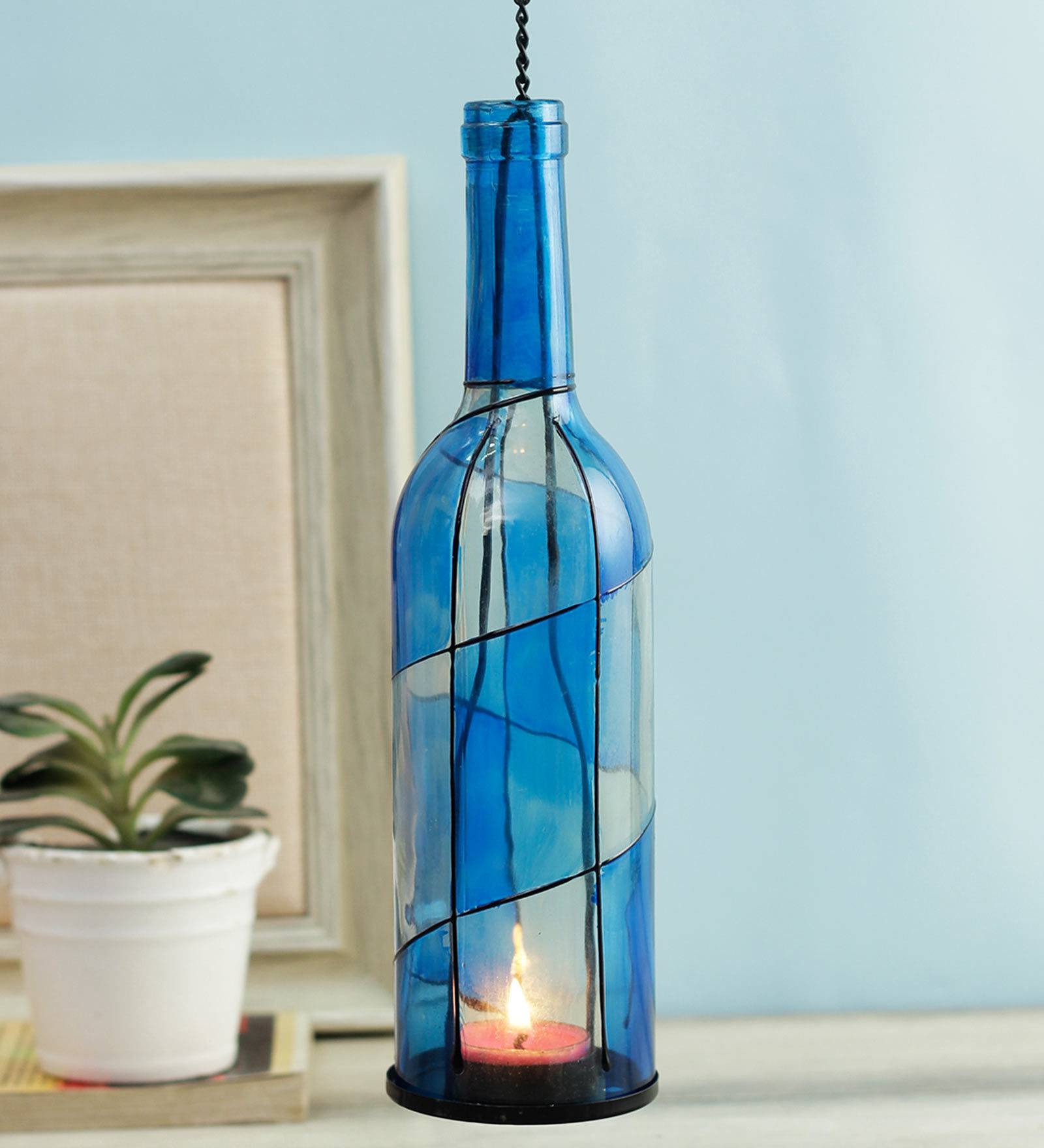 Blue Hanging Wine Bottle Tealight Holder