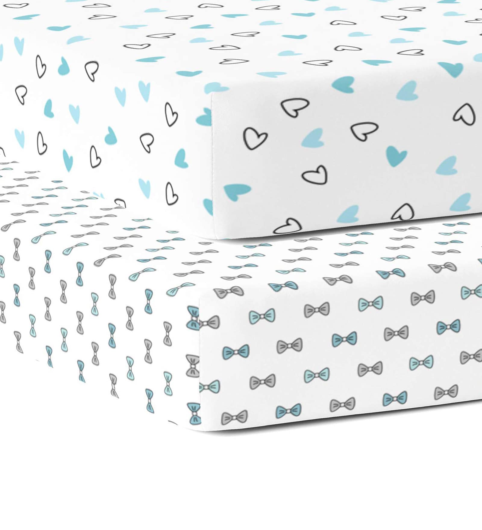 Blue Hearts & Bows 48 x 24 in Organic Cotton Fitted Crib Sheet, Set of 2