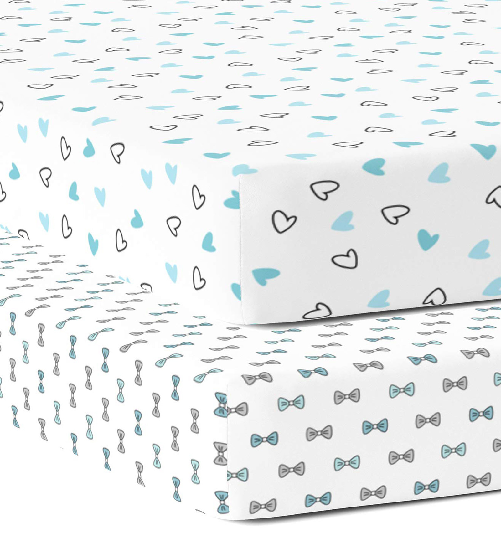 Blue Hearts & Bows 52 x 28 in Organic Cotton Fitted Crib Sheet, Set of 2