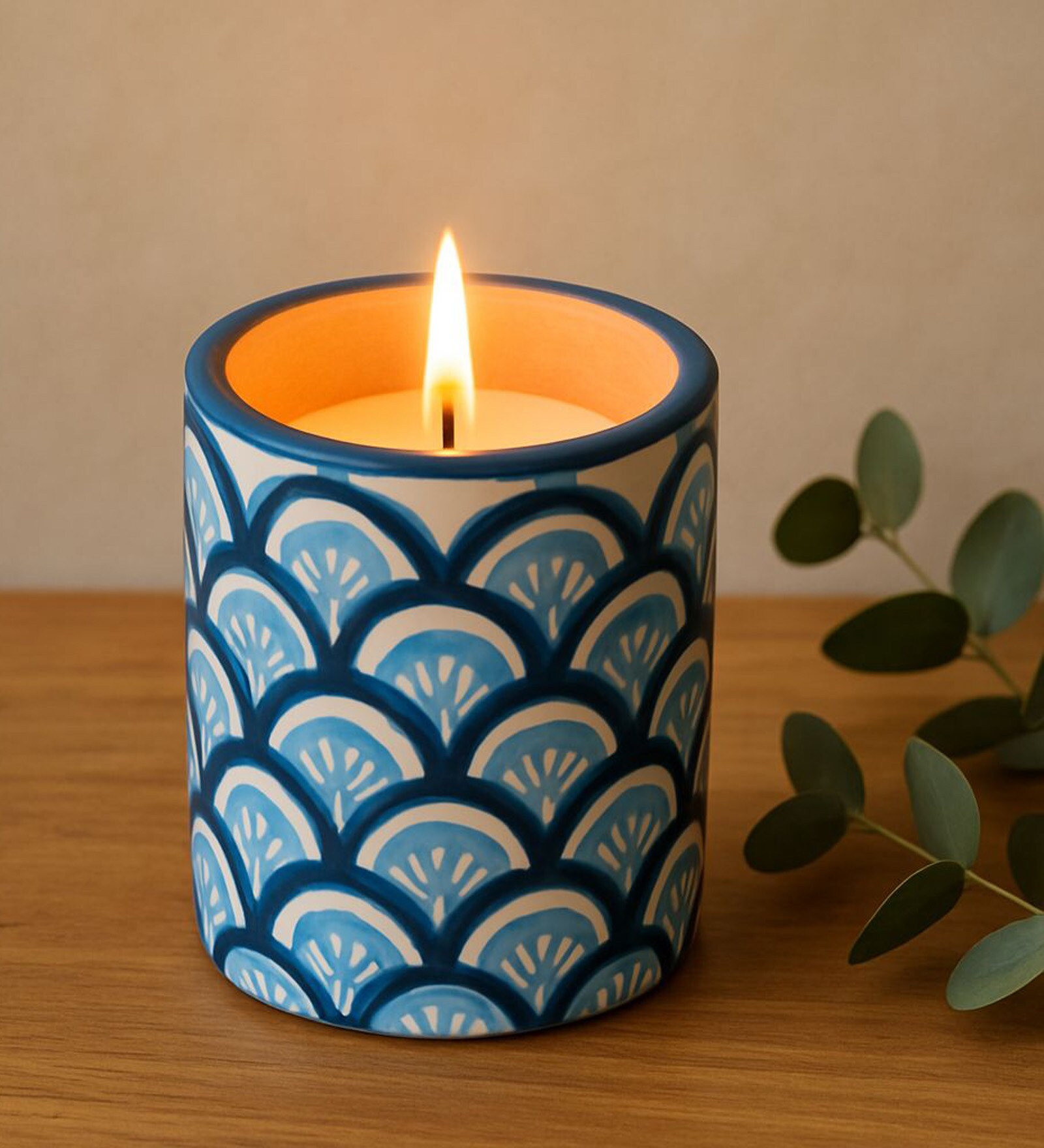 Blue Indigo Hand Painted Clay Jar For Candle