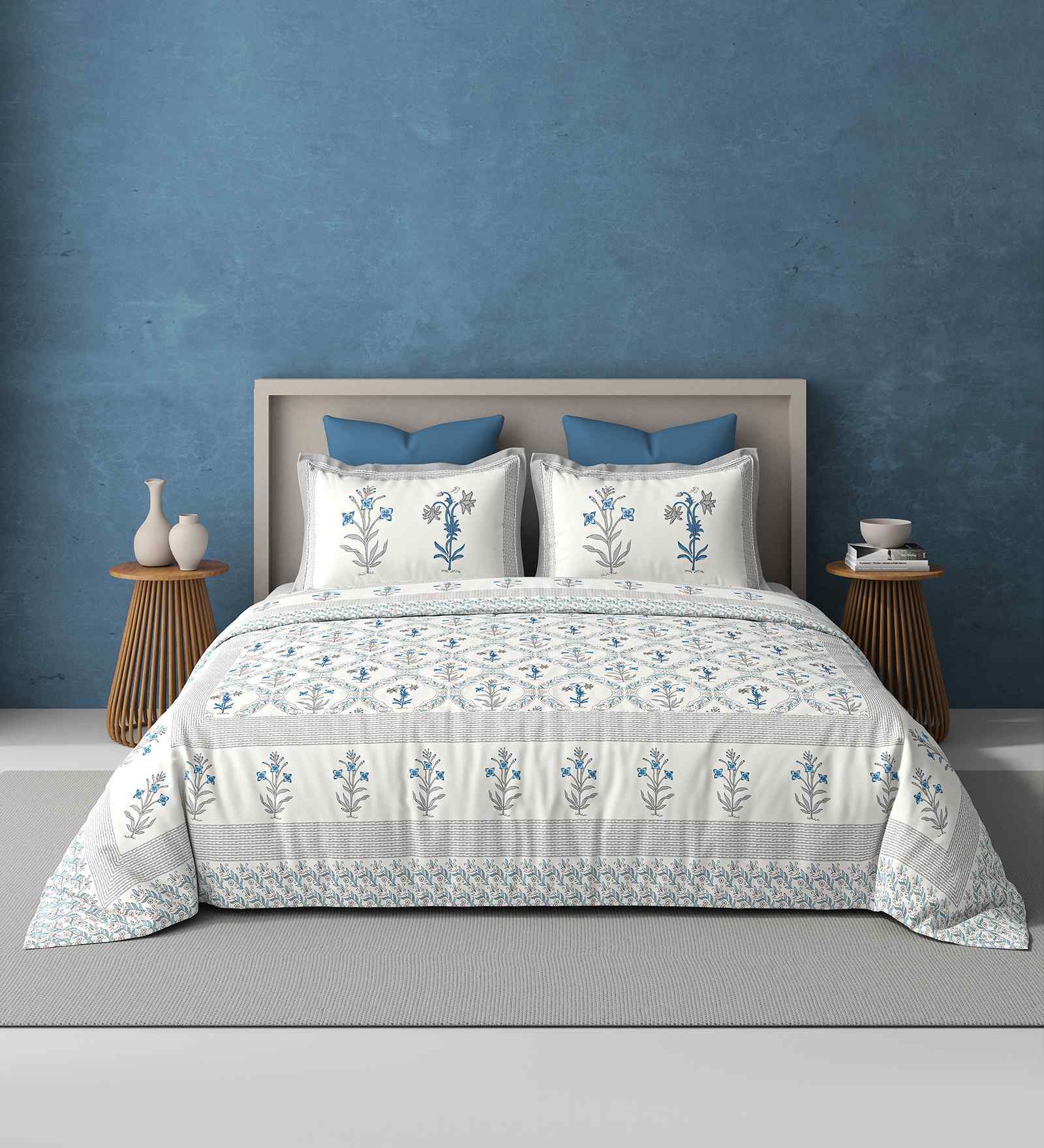 Blue Jaipuri Blockprint 250 TC Pure Cotton King Sized Double Bedsheet with 2 Pillow Covers