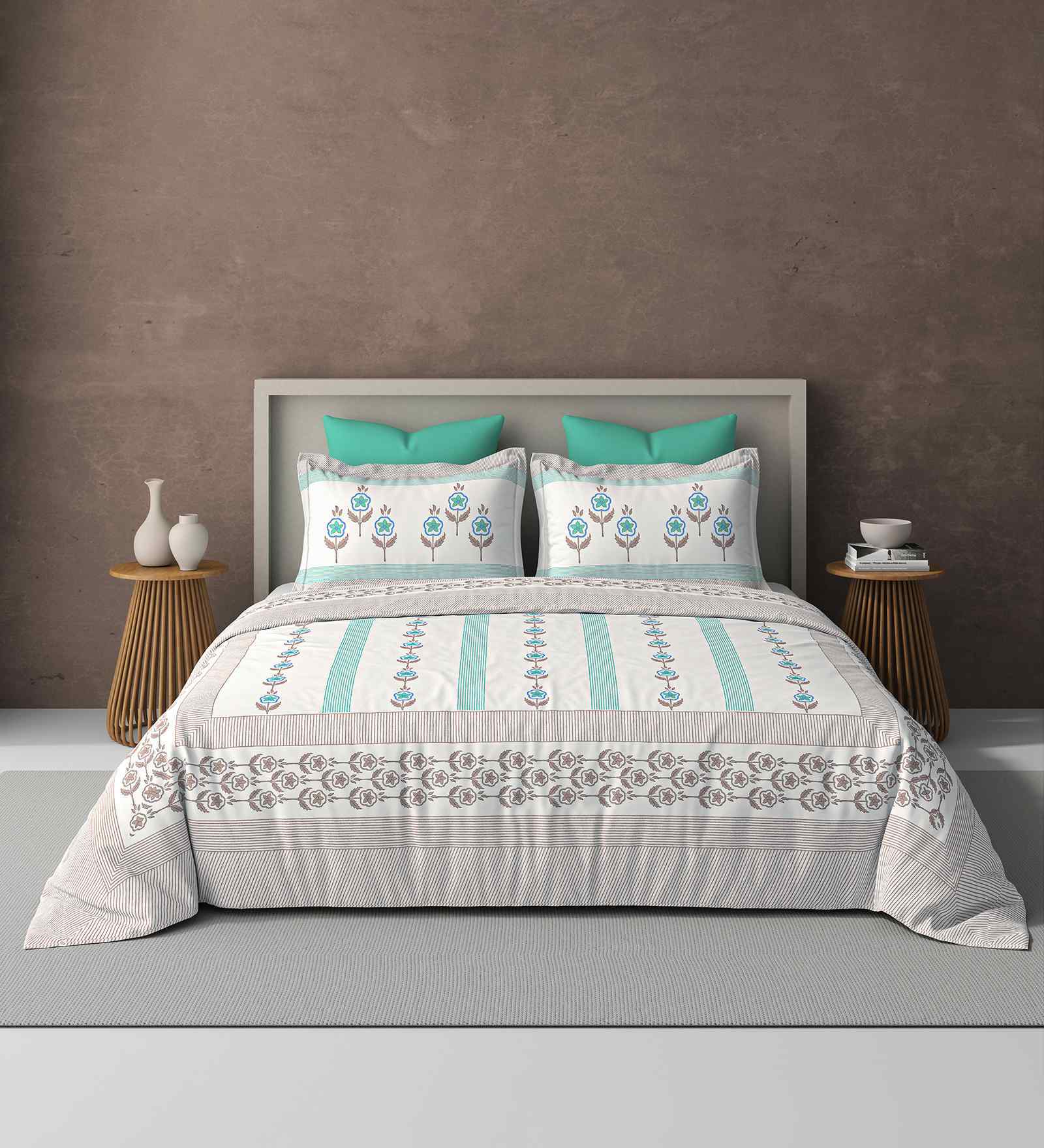 Blue Jaipuri Blockprint 250 TC Pure Cotton King Sized Double Bedsheet with 2 Pillow Covers