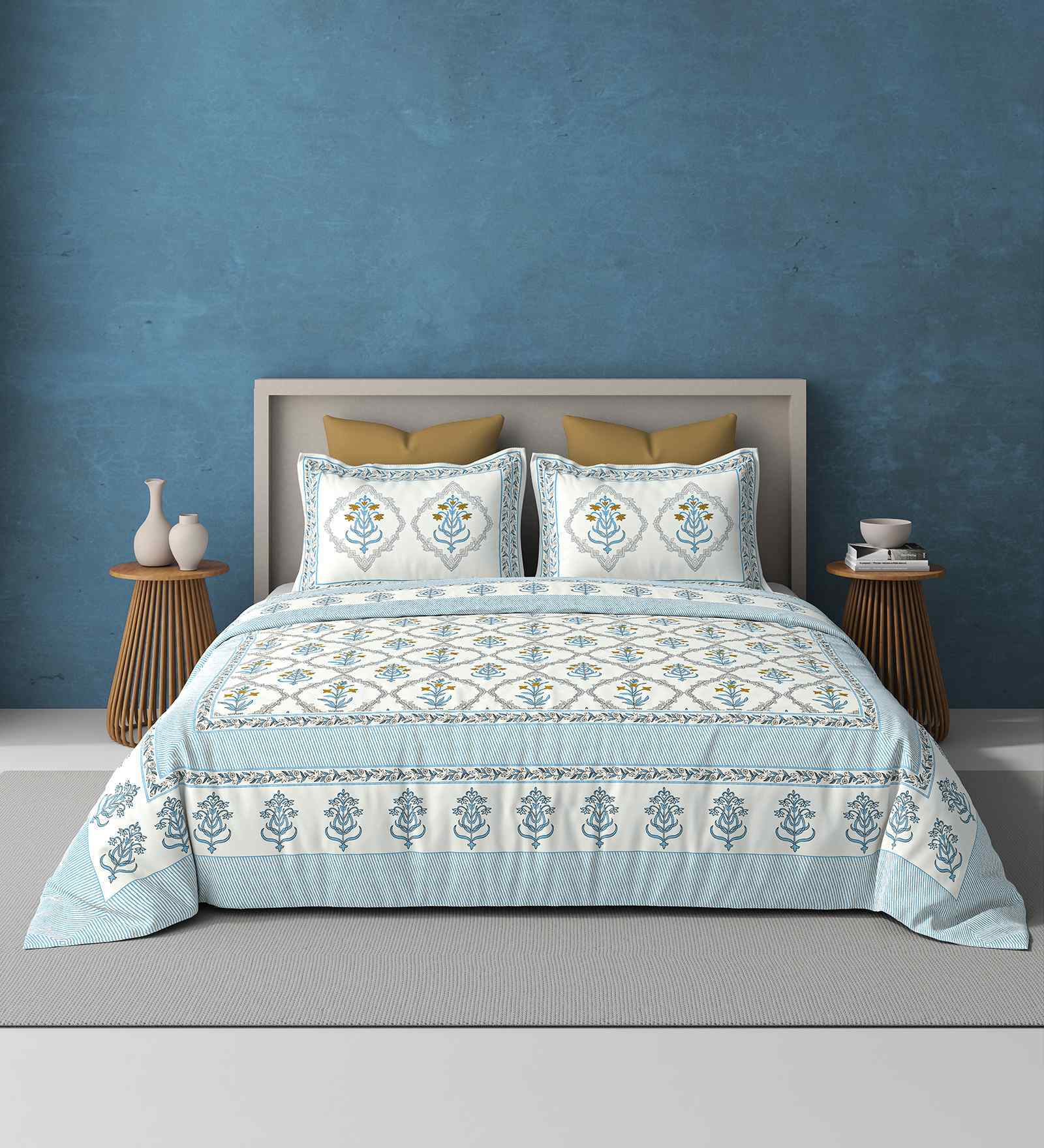 Blue Jaipuri Blockprint 250 TC Pure Cotton King Sized Double Bedsheet with 2 Pillow Covers