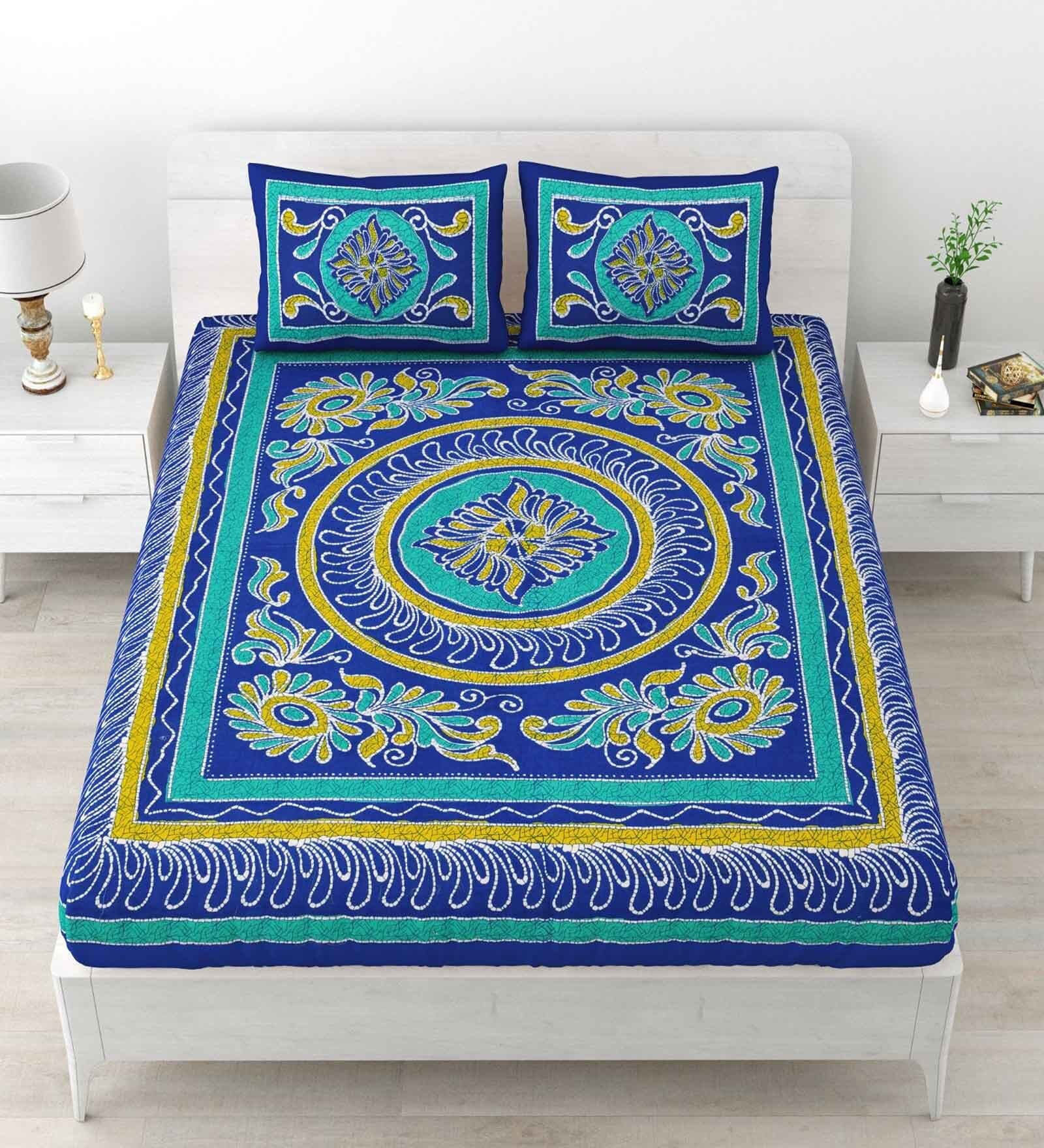 Blue Traditional 120 TC Cotton Queen Sized Bedsheet with 2 Pillow Cover