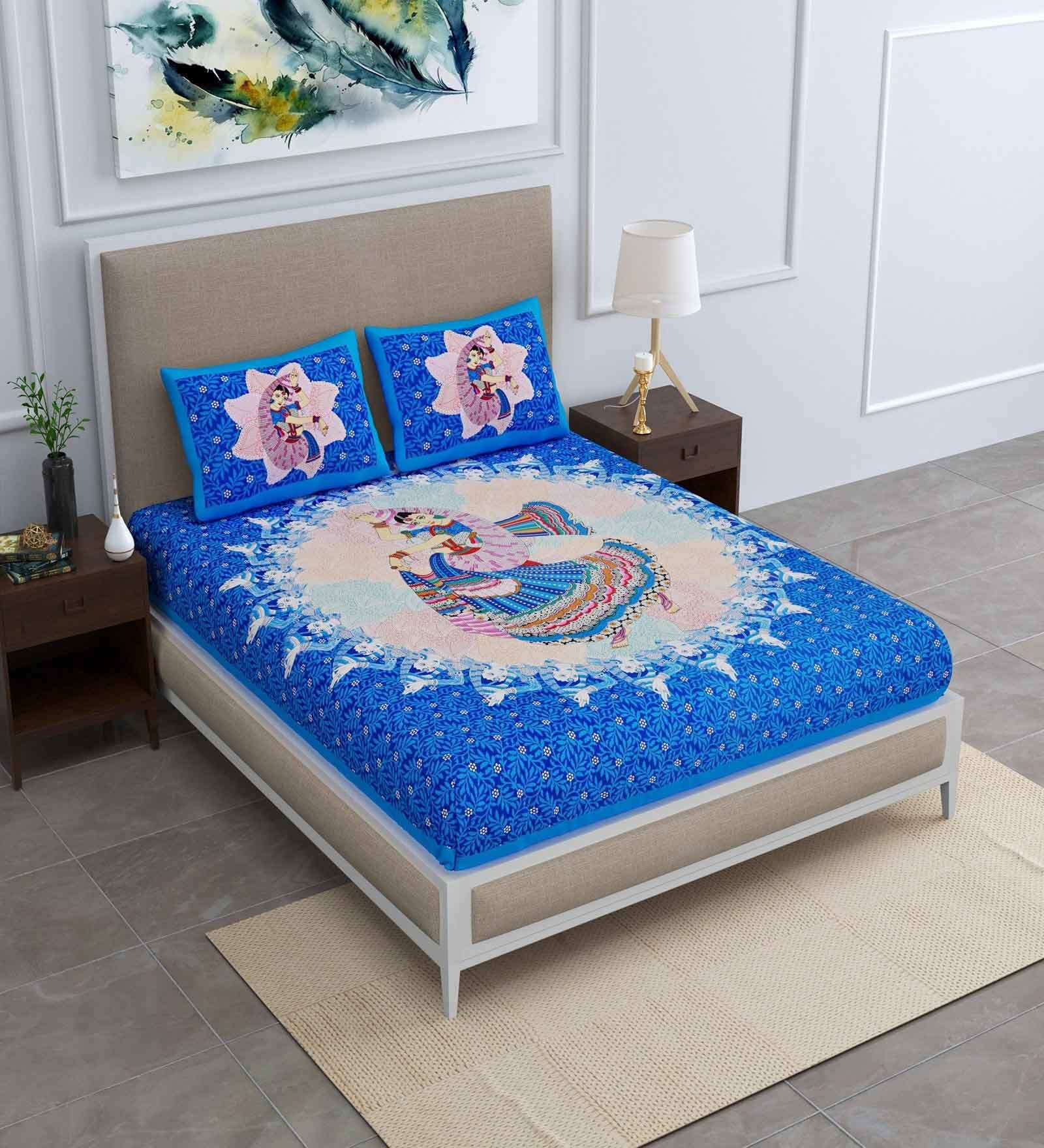 Blue Traditional 120 TC Cotton Queen Sized Bedsheet with 2 Pillow Cover