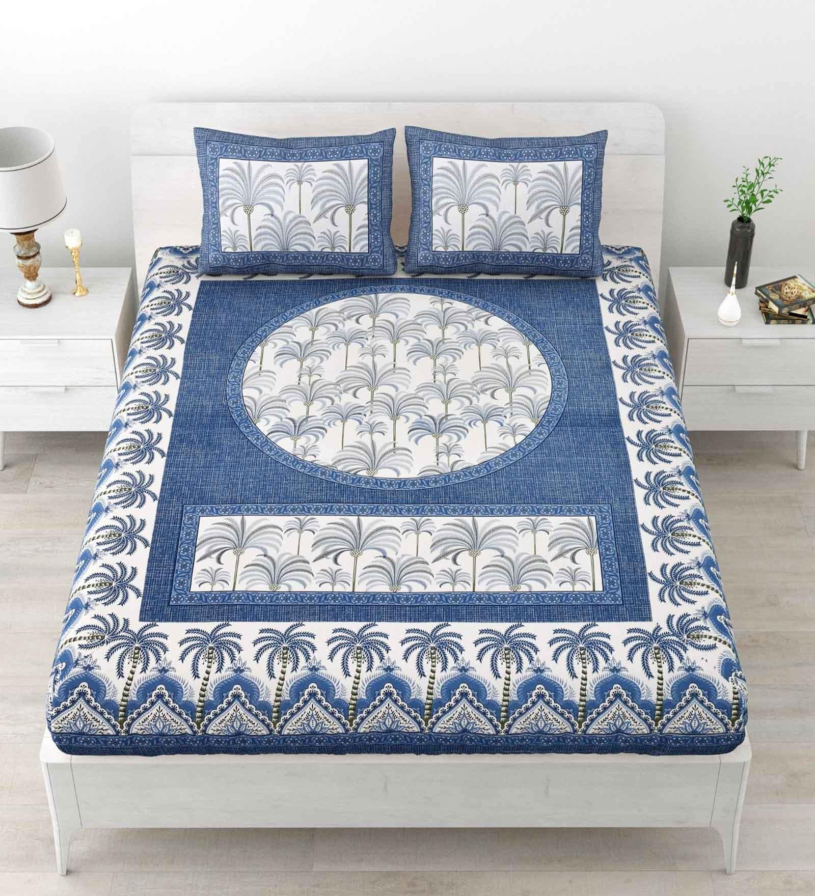 Blue Floral 120 TC Cotton Queen Sized Bedsheet with 2 Pillow Cover