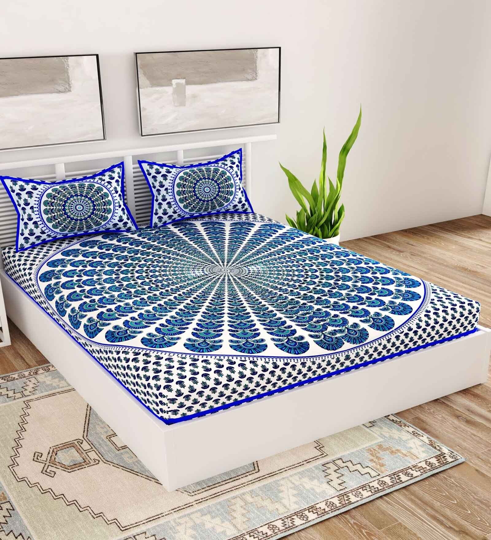 Blue Traditional 120 TC Cotton Queen Sized Bedsheet with 2 Pillow Cover