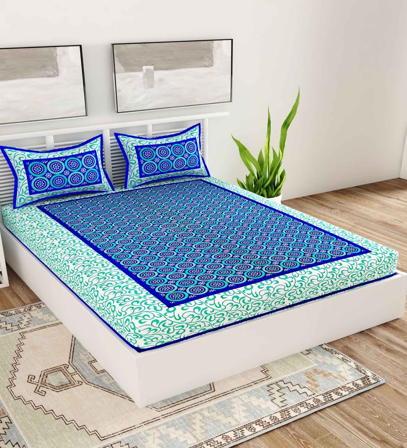 Blue Geometric 120 TC Cotton Queen Sized Bedsheet with 2 Pillow Cover