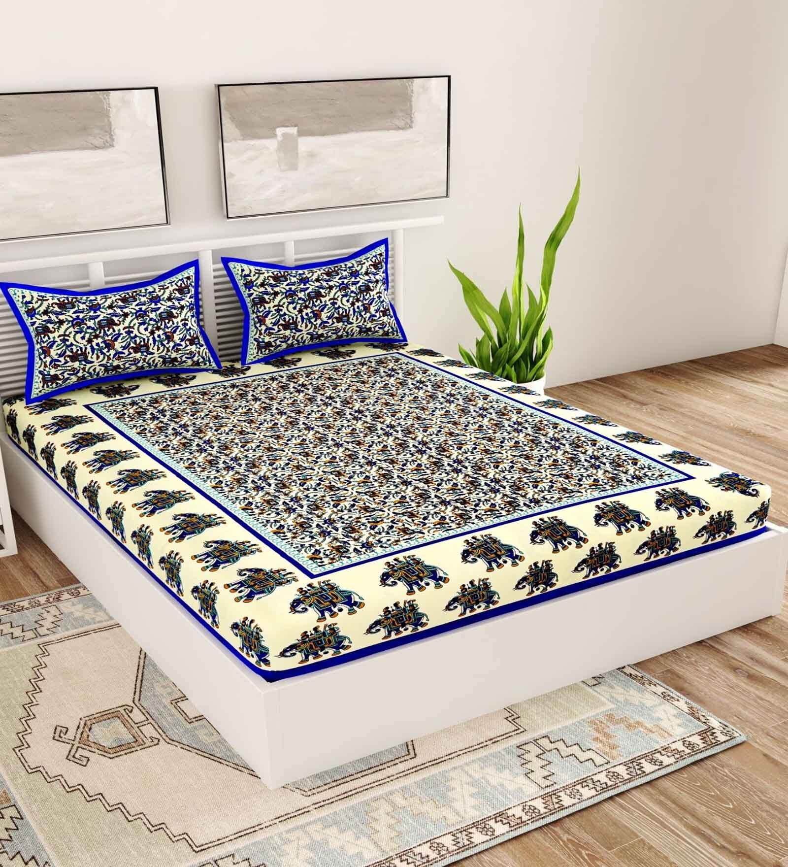 Blue Traditional 120 TC Cotton Queen Sized Bedsheet with 2 Pillow Cover