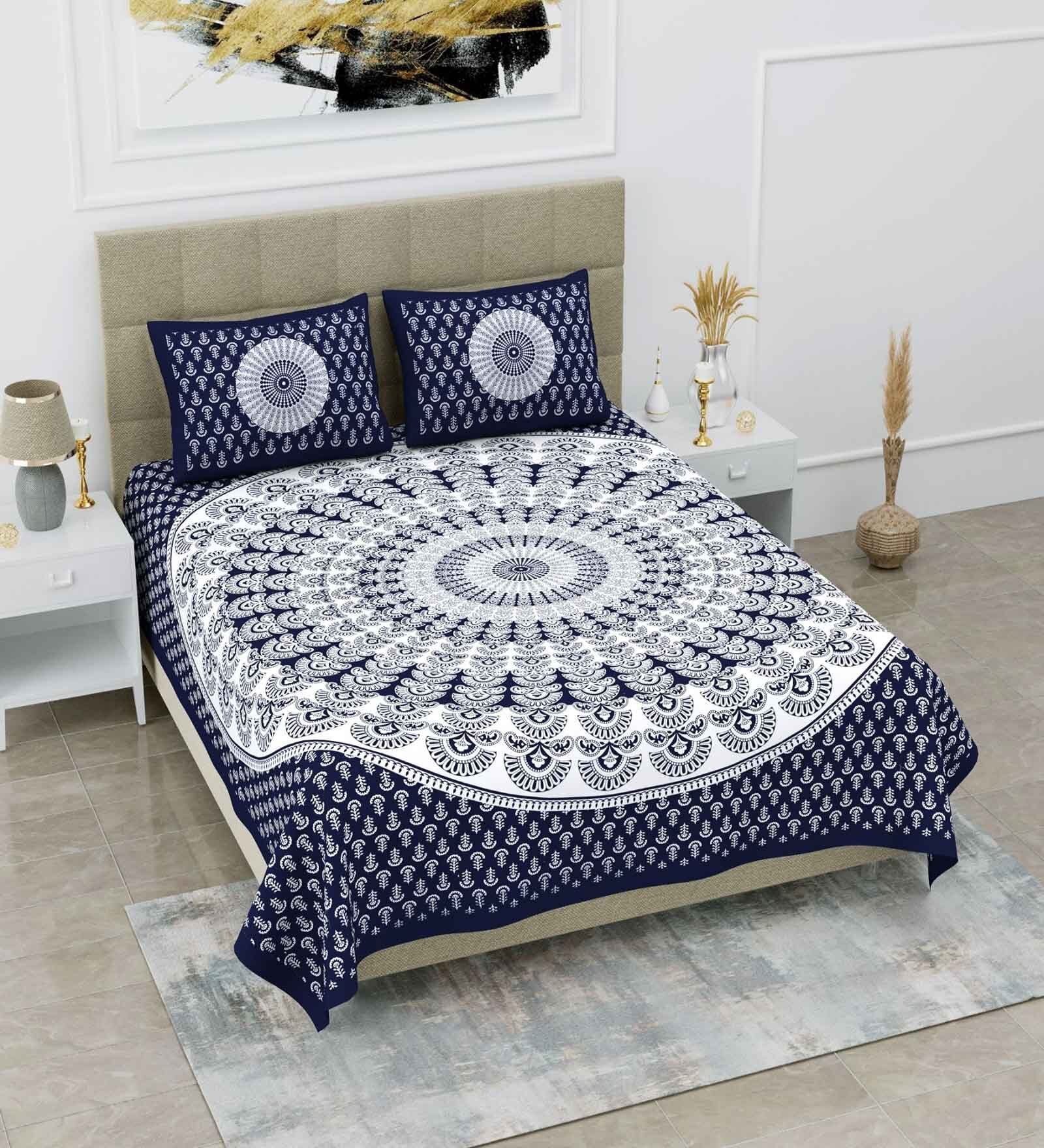 Blue Traditional 120 TC Cotton Queen Sized Bedsheet with 2 Pillow Cover