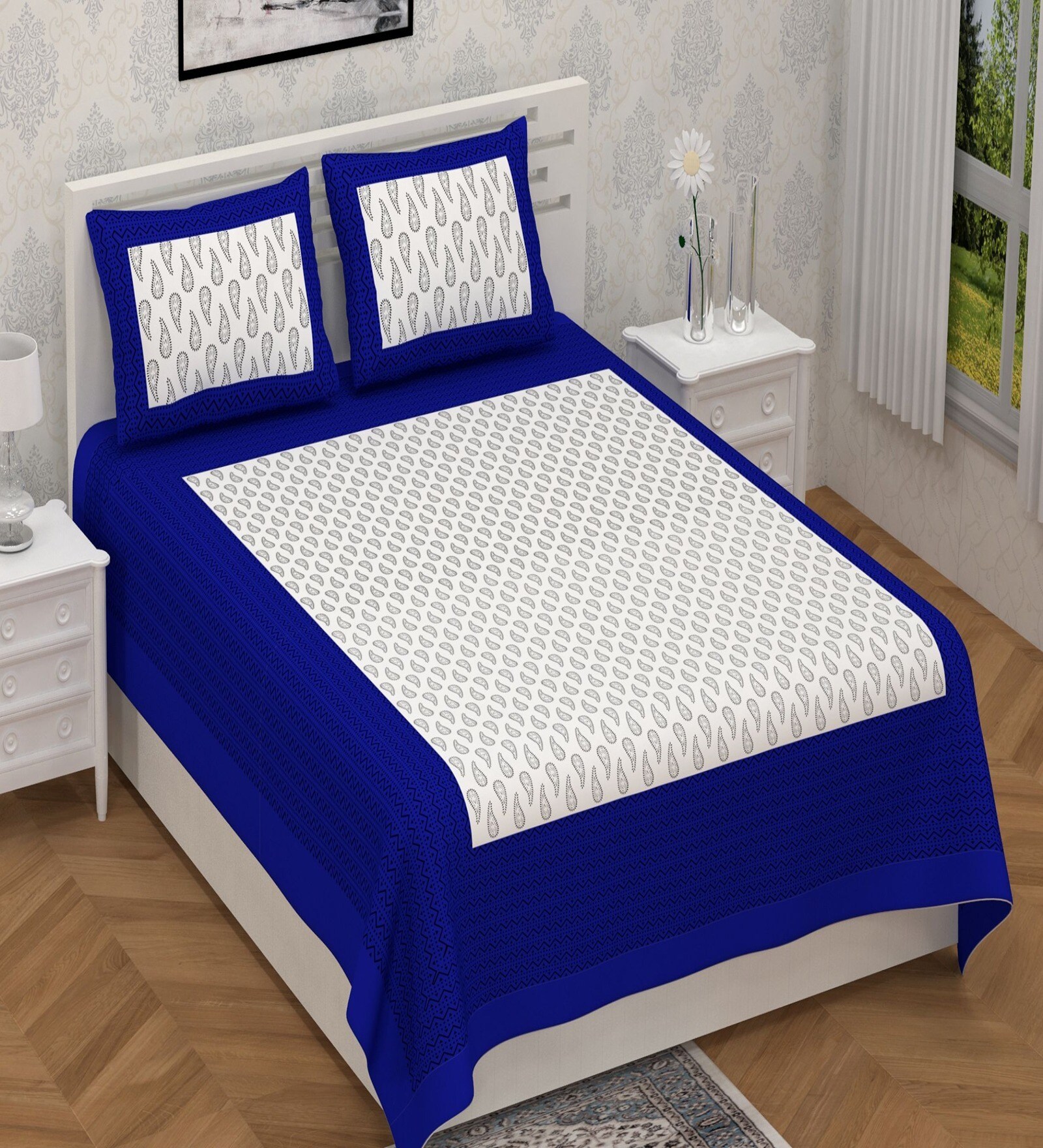 Blue Traditional 120 TC Cotton Queen Sized Bedsheet with 2 Pillow Cover
