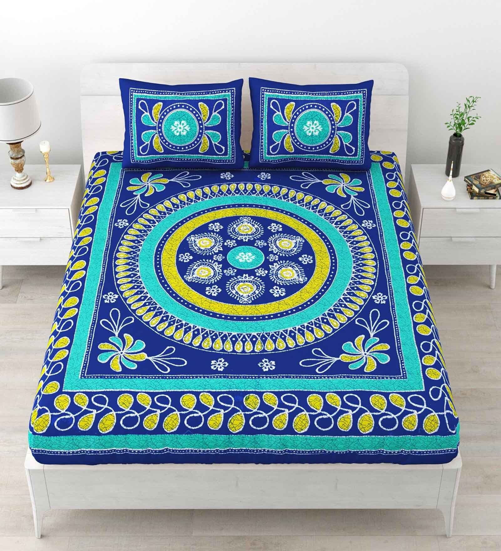 Blue Traditional 120 TC Cotton Queen Sized Bedsheet with 2 Pillow Cover