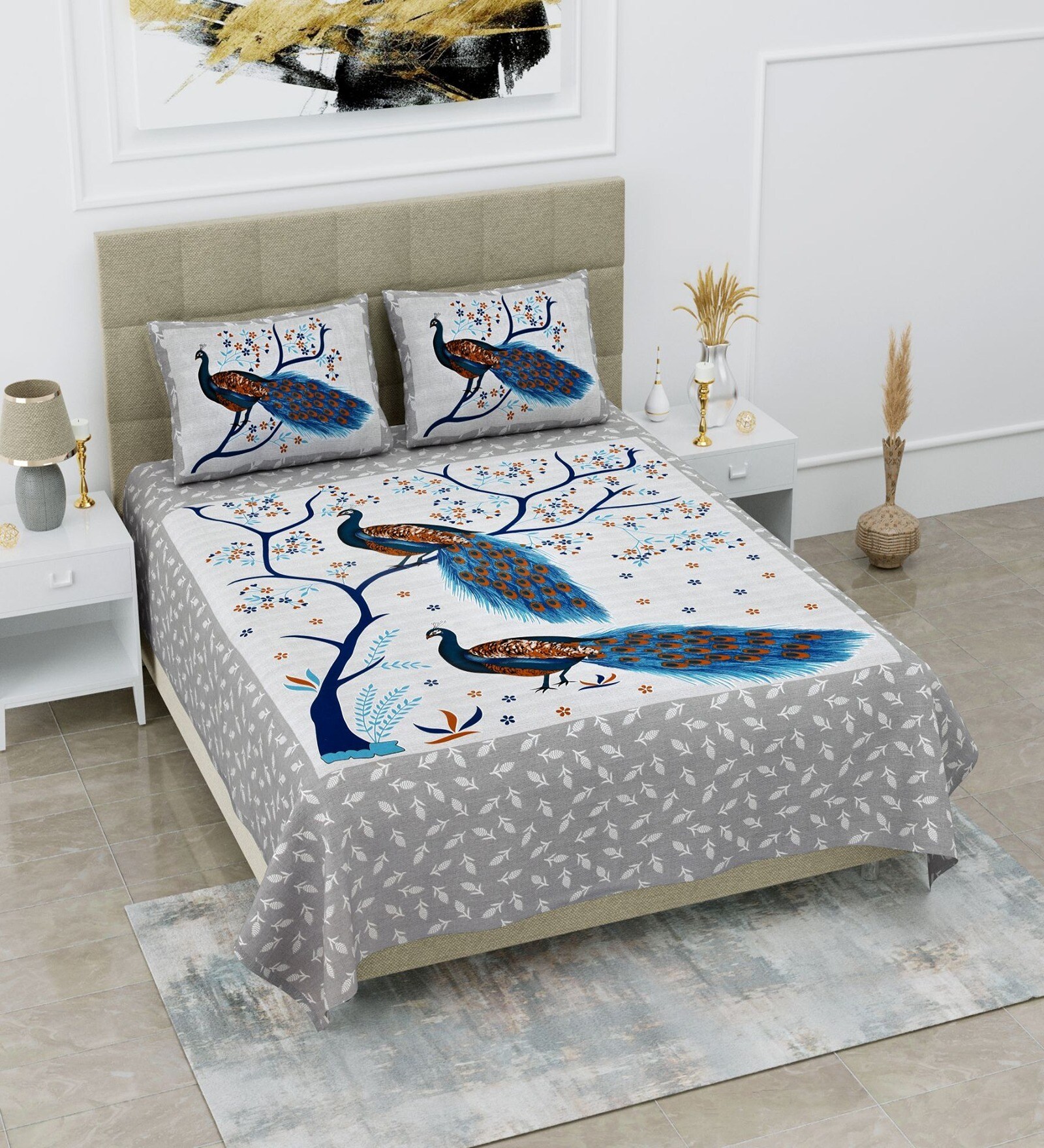 Grey Traditional 120 TC Cotton Queen Sized Bedsheet with 2 Pillow Cover