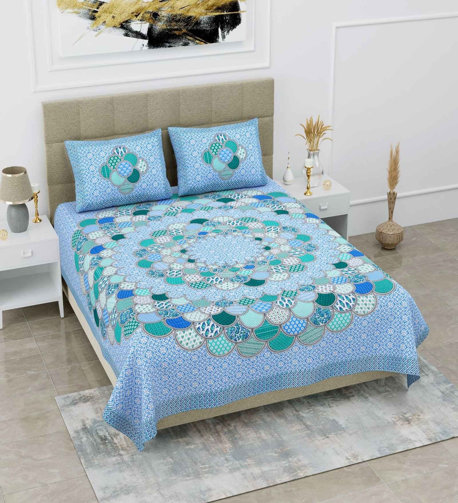 Blue Abstract 120 TC Cotton Queen Sized Bedsheet with 2 Pillow Cover