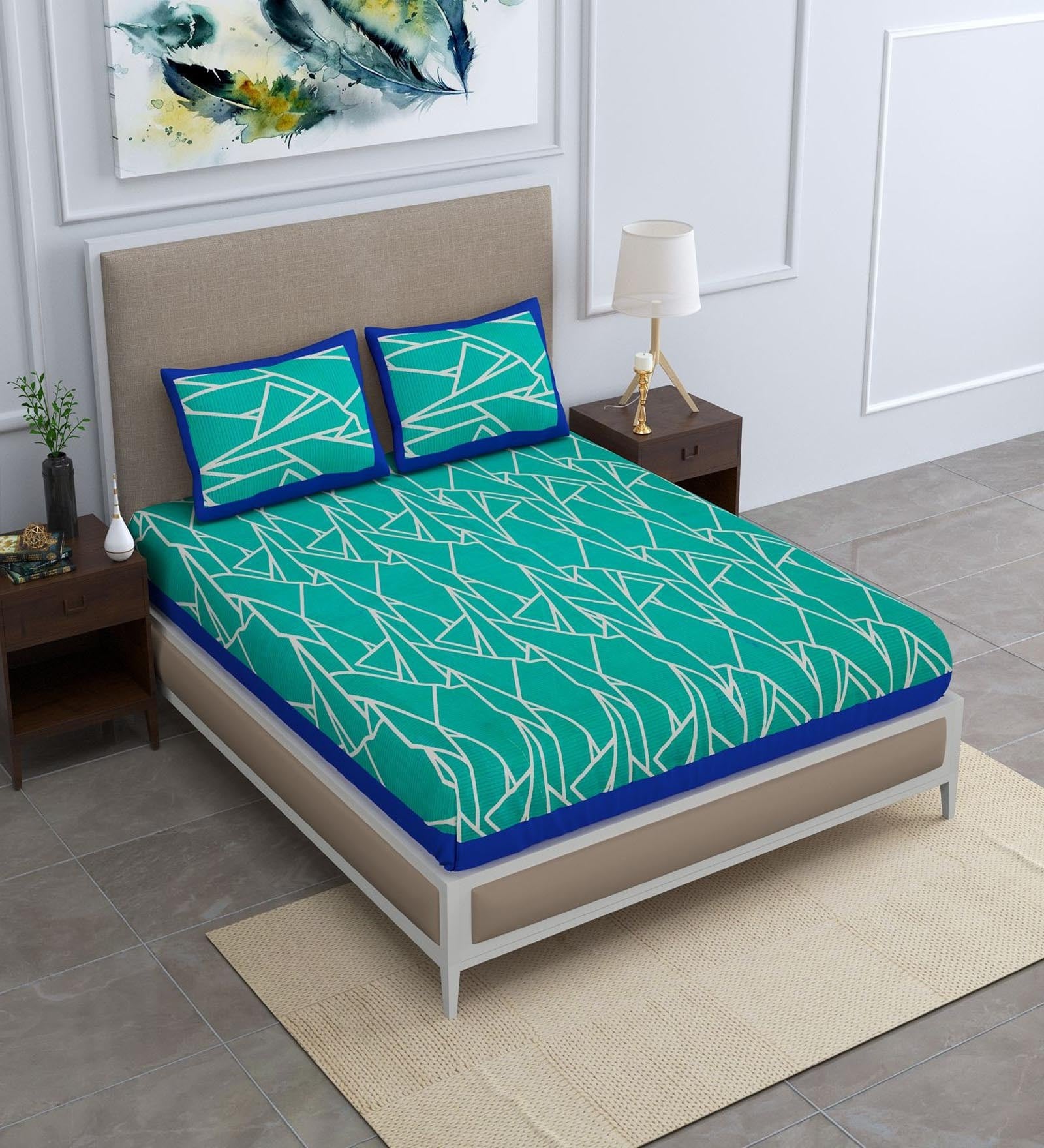 Green Abstract 120 TC Cotton Queen Sized Bedsheet with 2 Pillow Cover