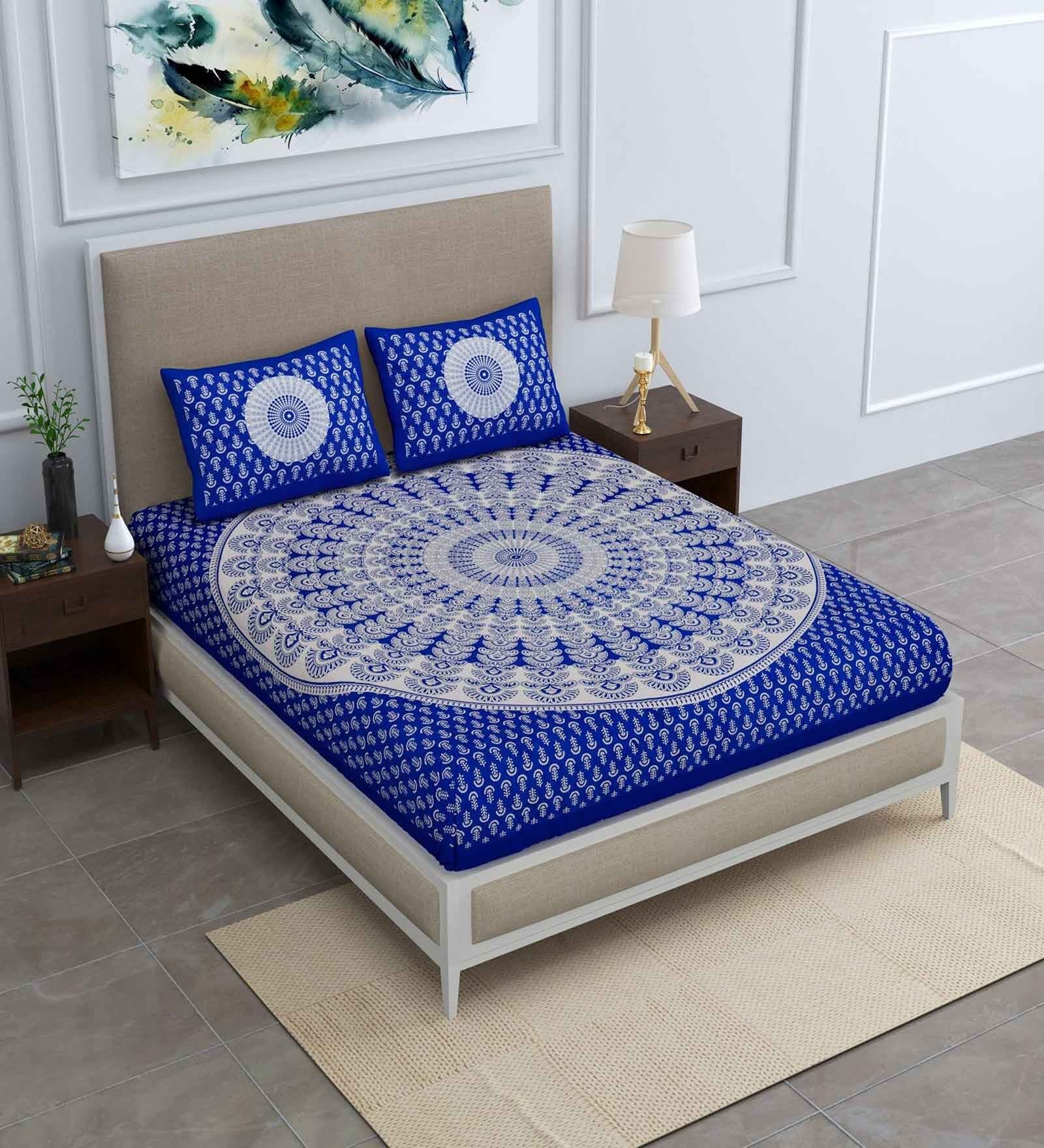 Blue Traditional 120 TC Cotton Queen Sized Bedsheet with 2 Pillow Cover