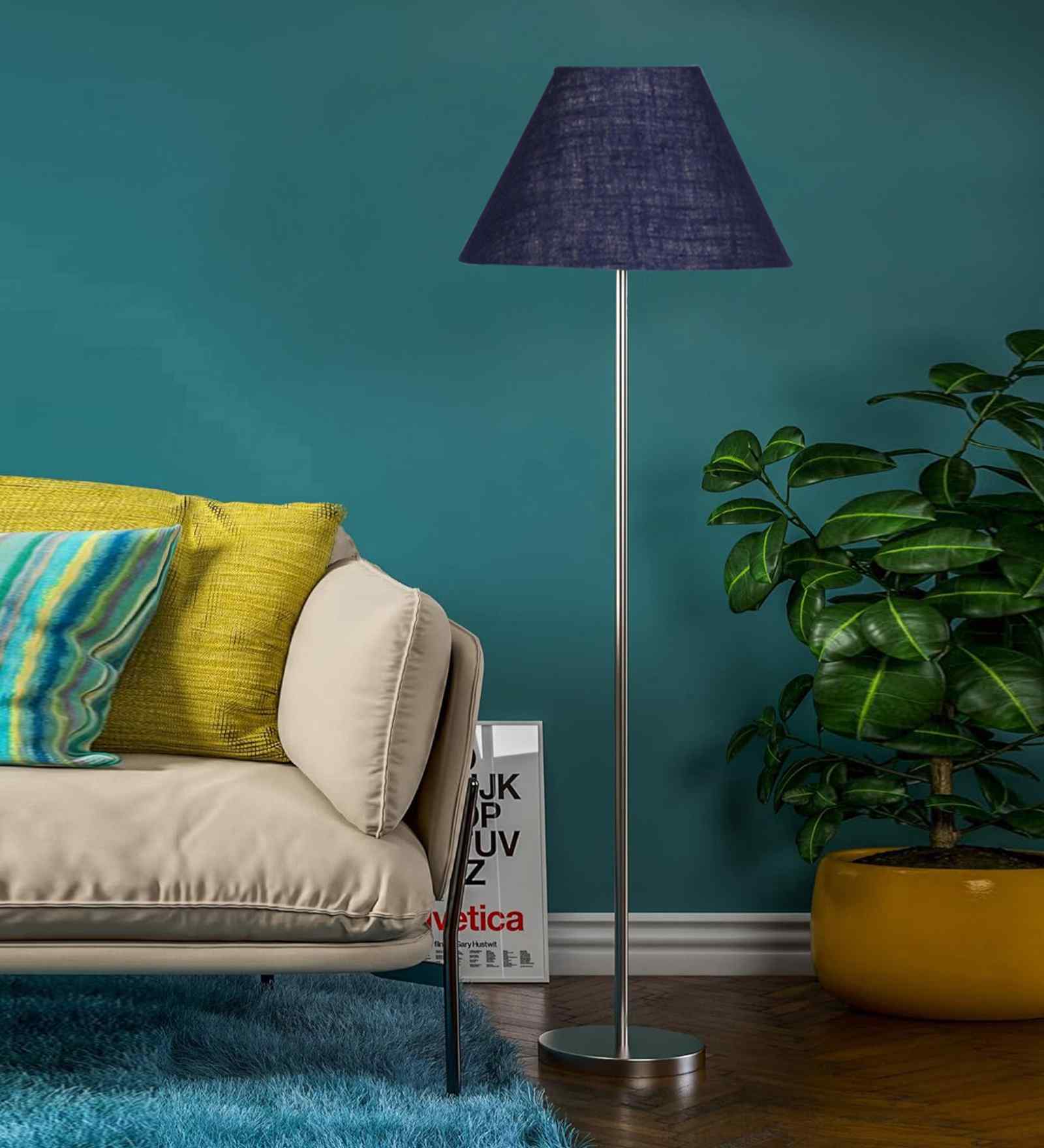 Blue Jute Conical Shade Steel Floor Lamp Steel Base