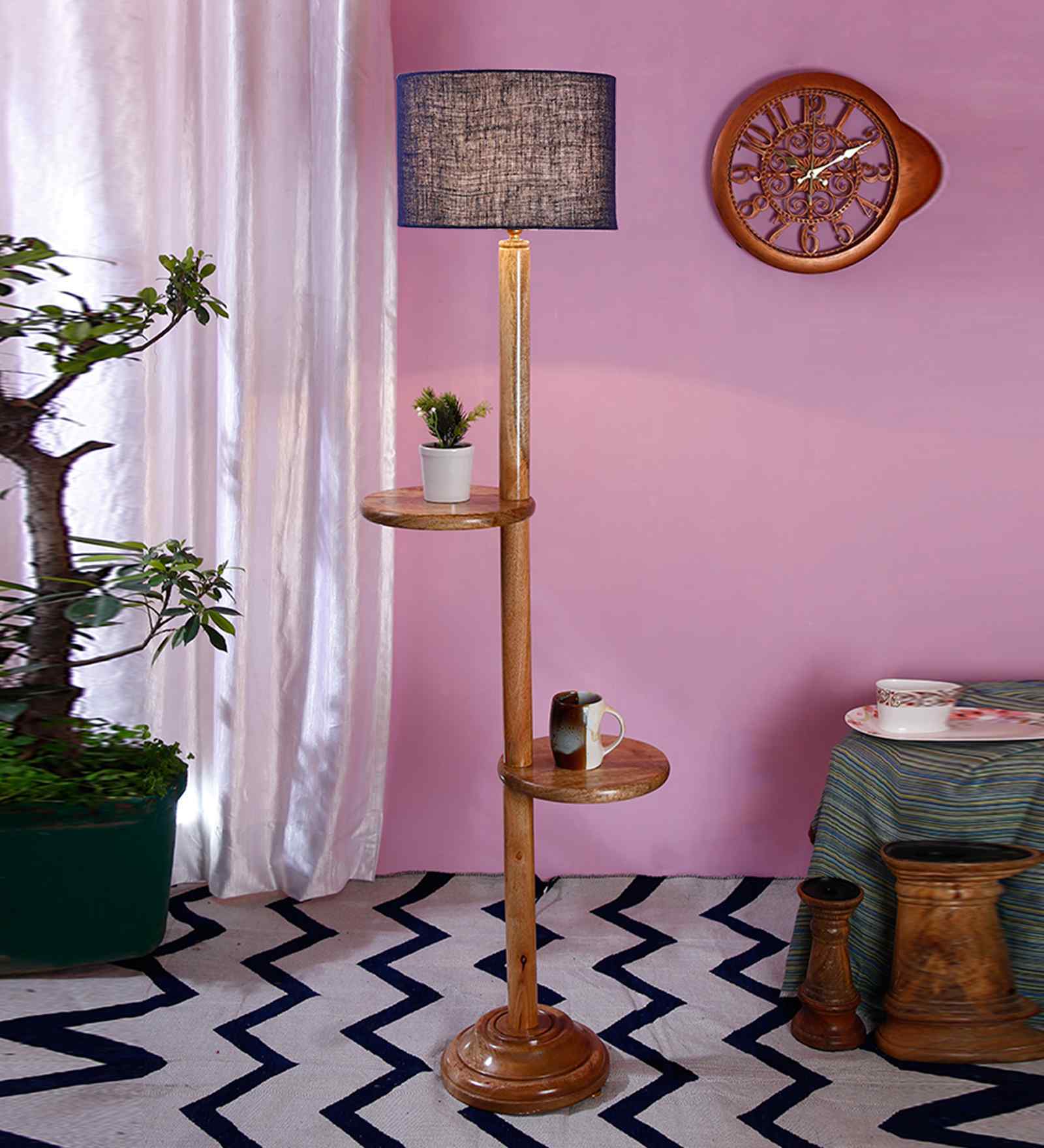 Blue Jute Wooden Floor Lamp