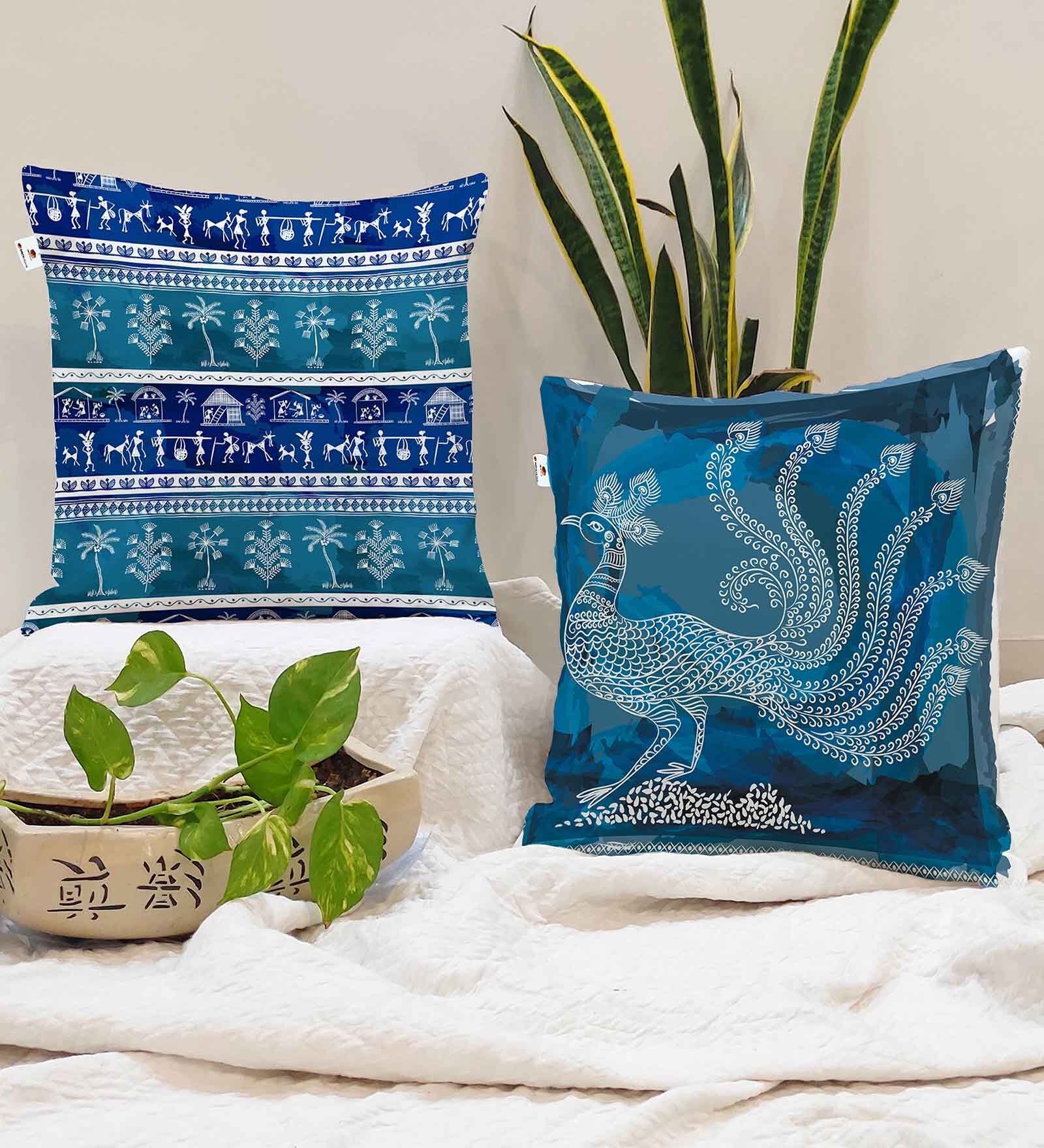 Blue Jute Abstract 16x16 inches Cushion Covers (Pack of 2)