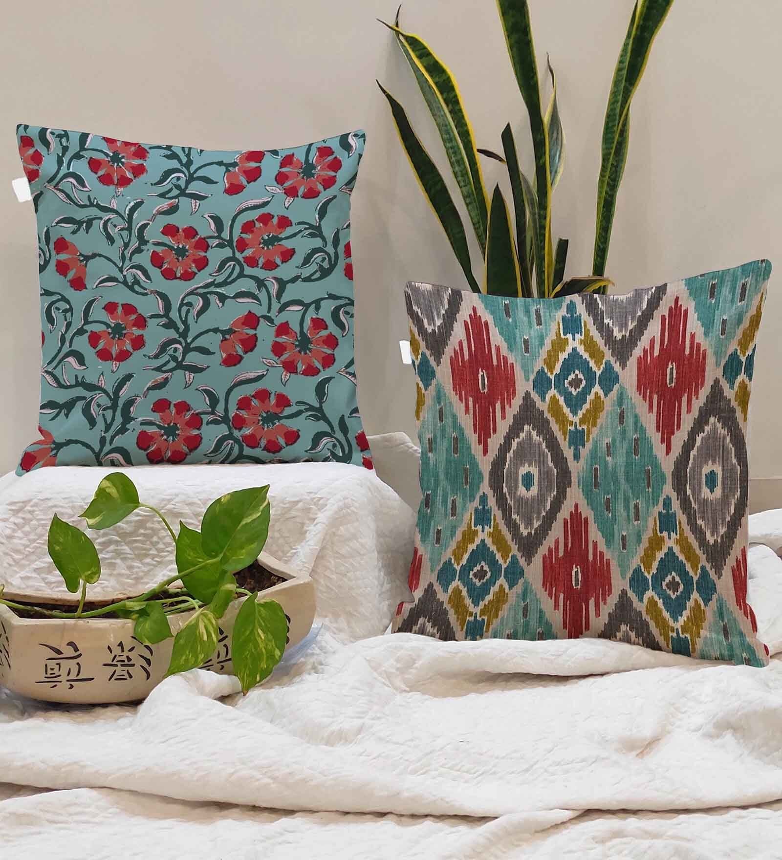 Blue Jute Abstract 16x16 inches Cushion Covers (Pack of 2)