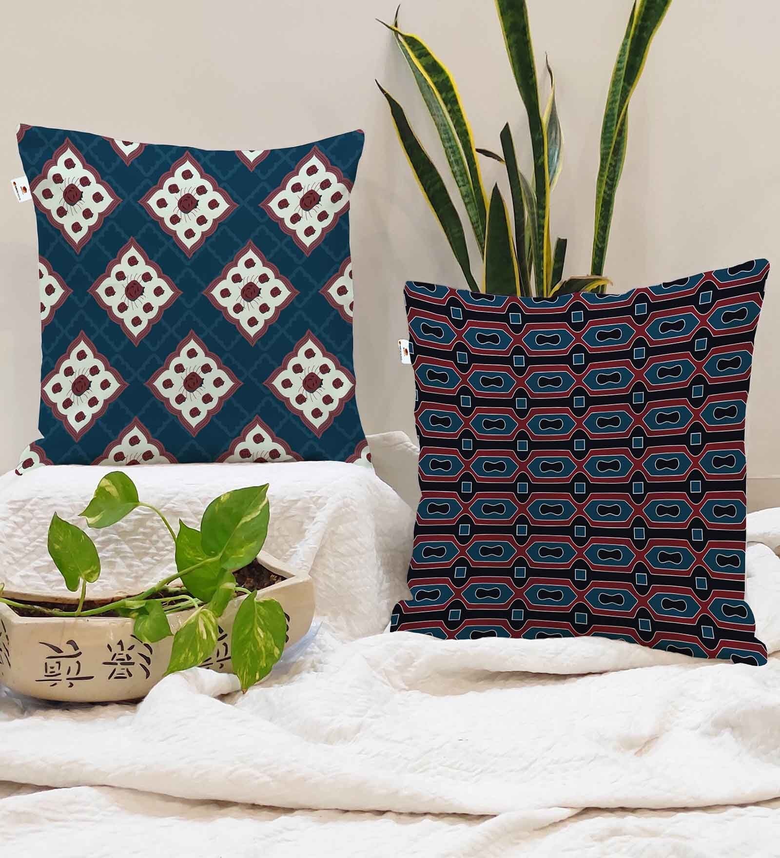 Blue Jute Abstract 16x16 inches Cushion Covers (Pack of 2)