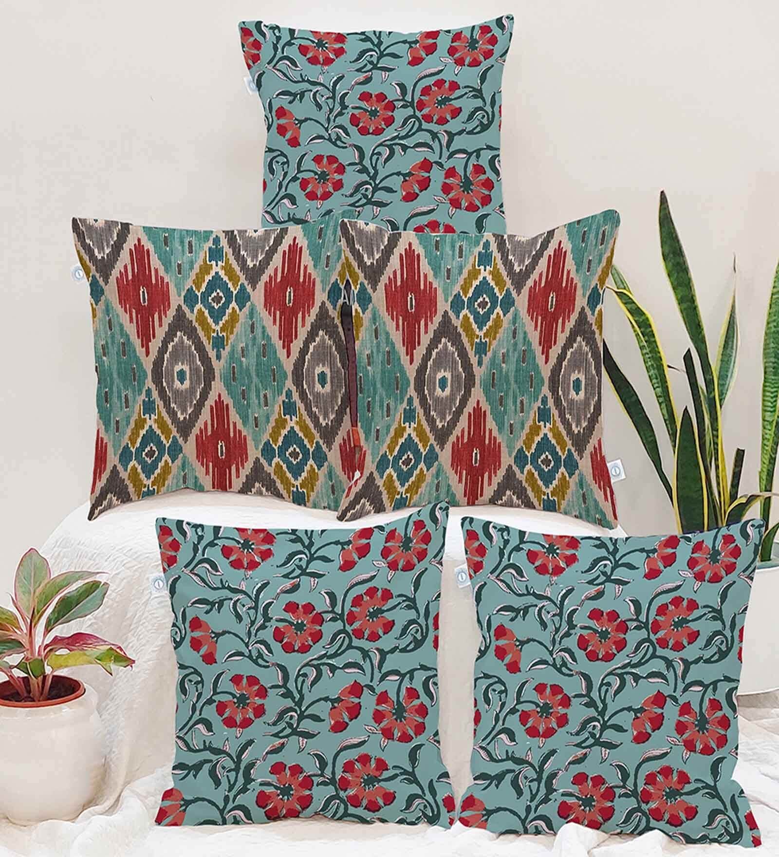 Blue Jute Abstract 16x16 inches Cushion Covers (Pack of 5)