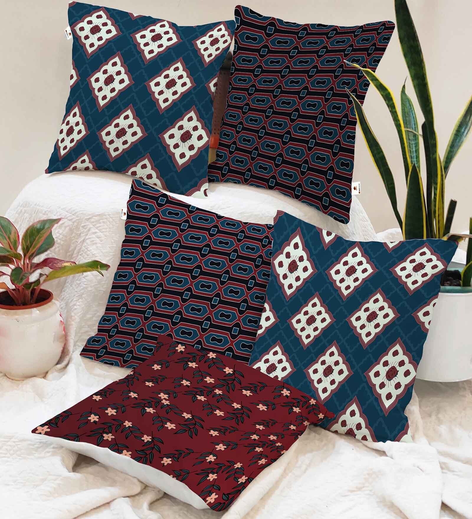 Blue Jute Abstract 16x16 inches Cushion Covers (Pack of 5)