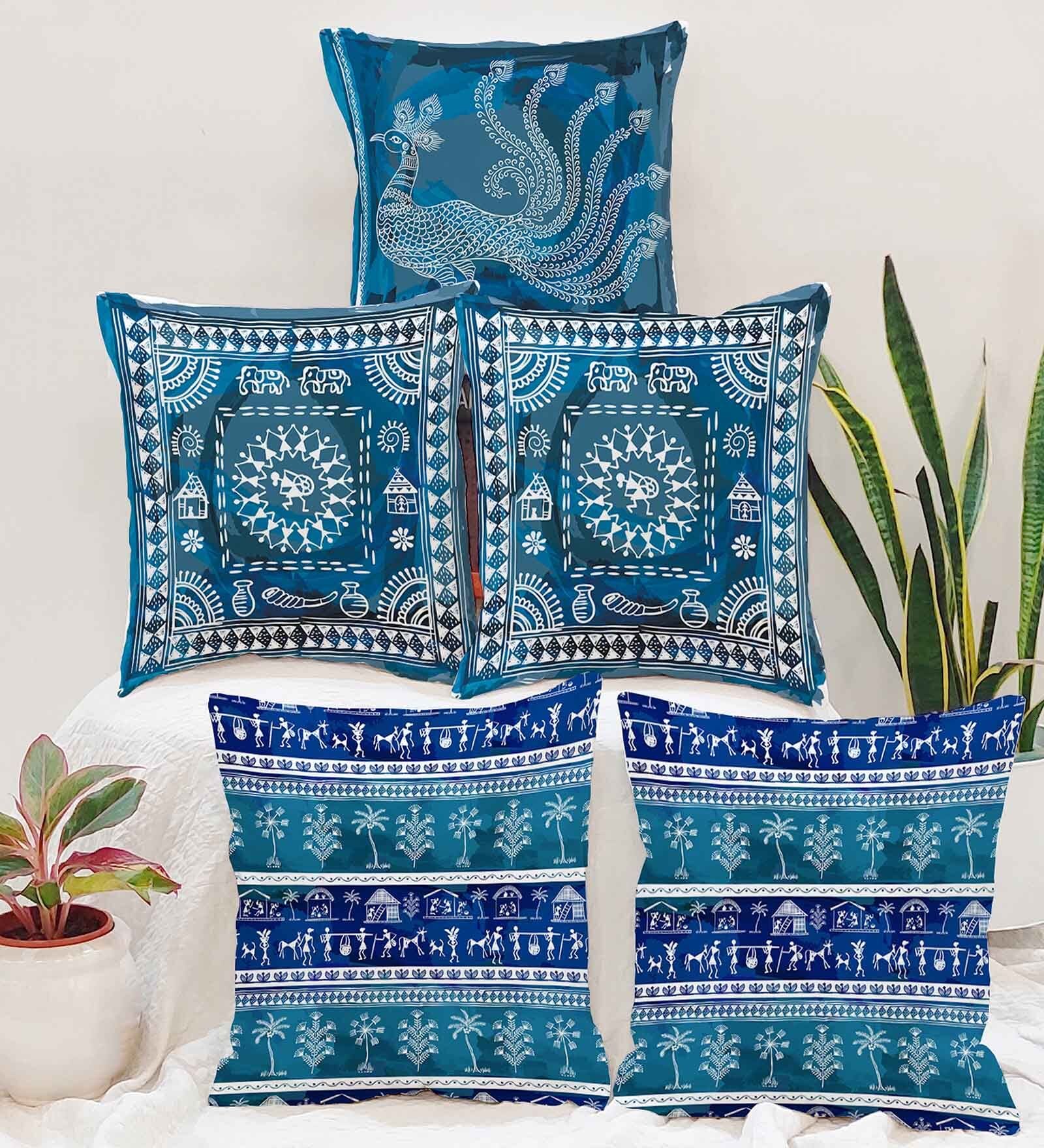 Blue Jute Abstract 16x16 inches Cushion Covers (Pack of 5)