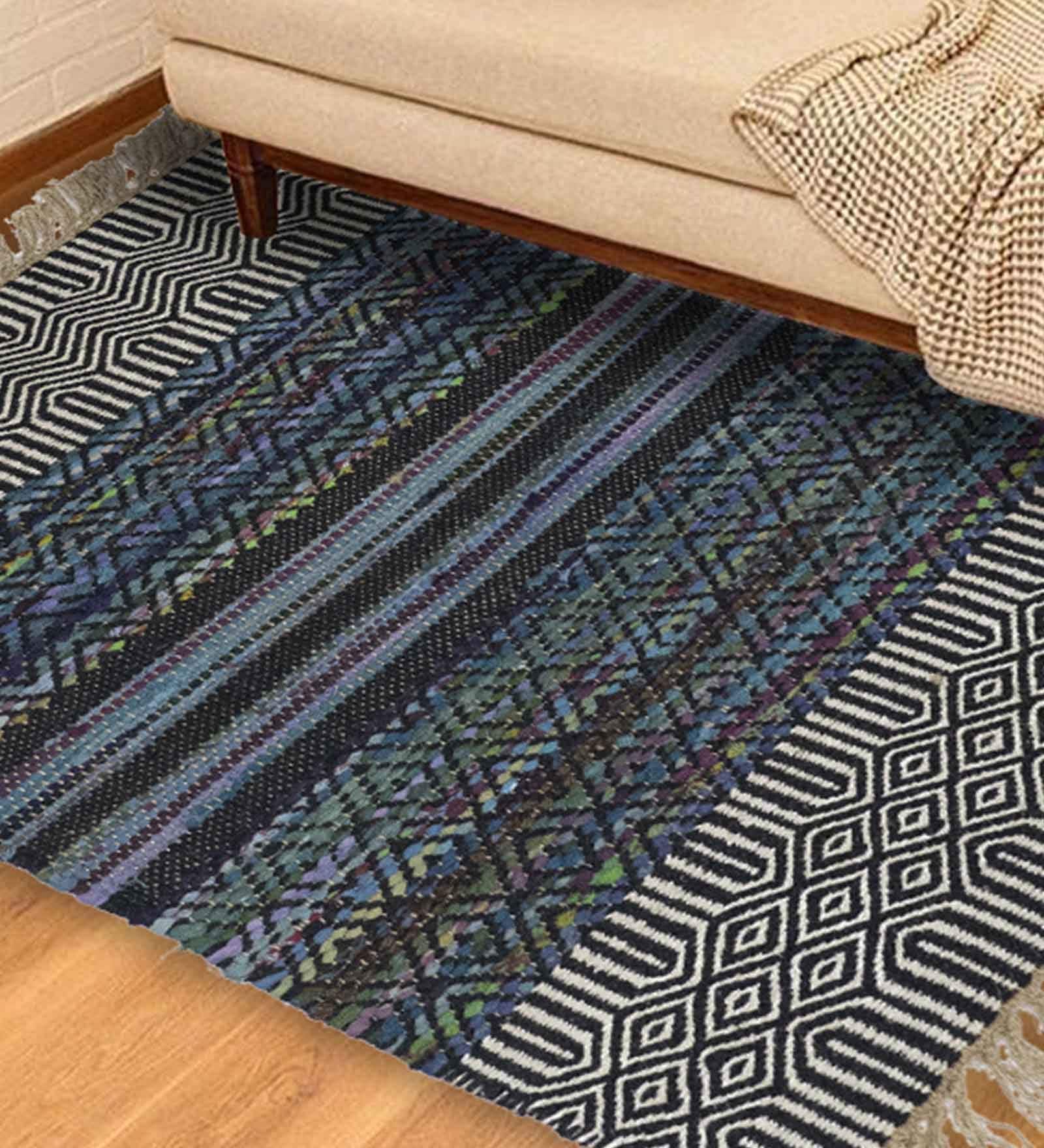 Blue Jute Cotton Reversible Hand Woven 3 x 2 Feet Dhurrie