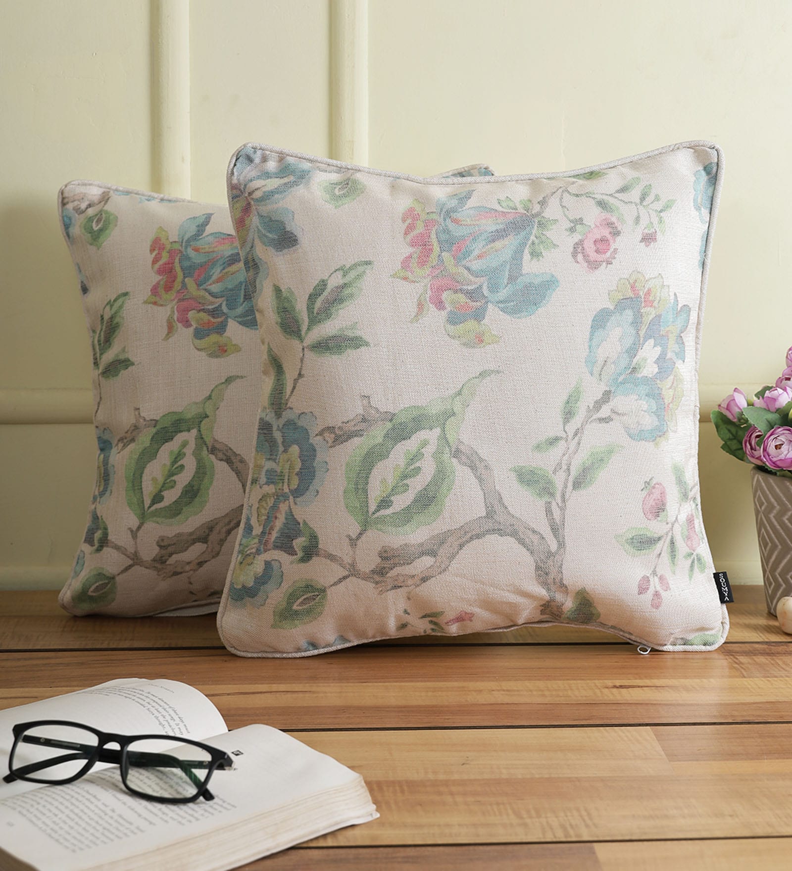 Blue Floral Jute 16 x 16 Inches Cushion Covers (Set of 2)