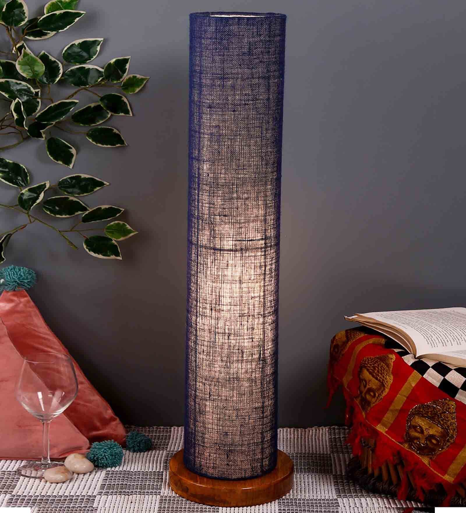 Blue Jute Parchment Shade Column Floor Lamp With Wood Base