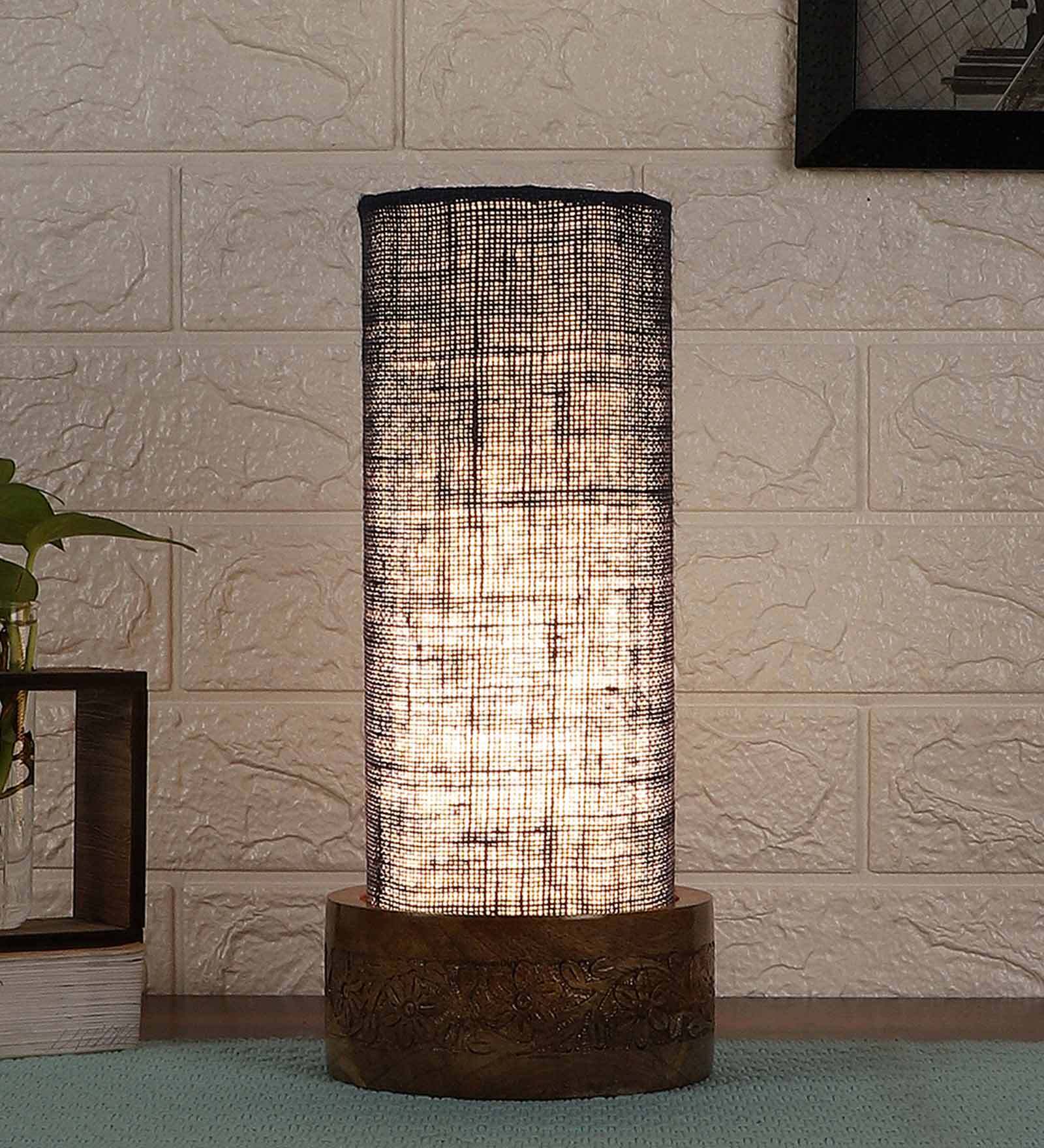 Blue Jute Shade Table Lamp With Wood Base