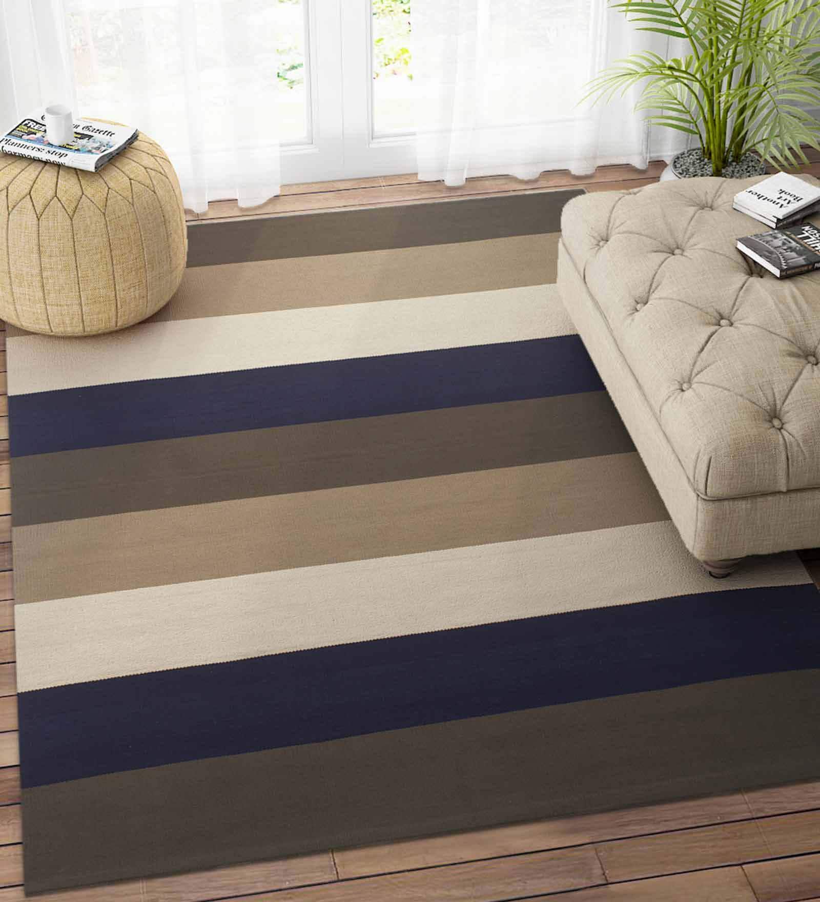 Blue Cotton 4 ft X 6 ft Hand Woven Dhurrie