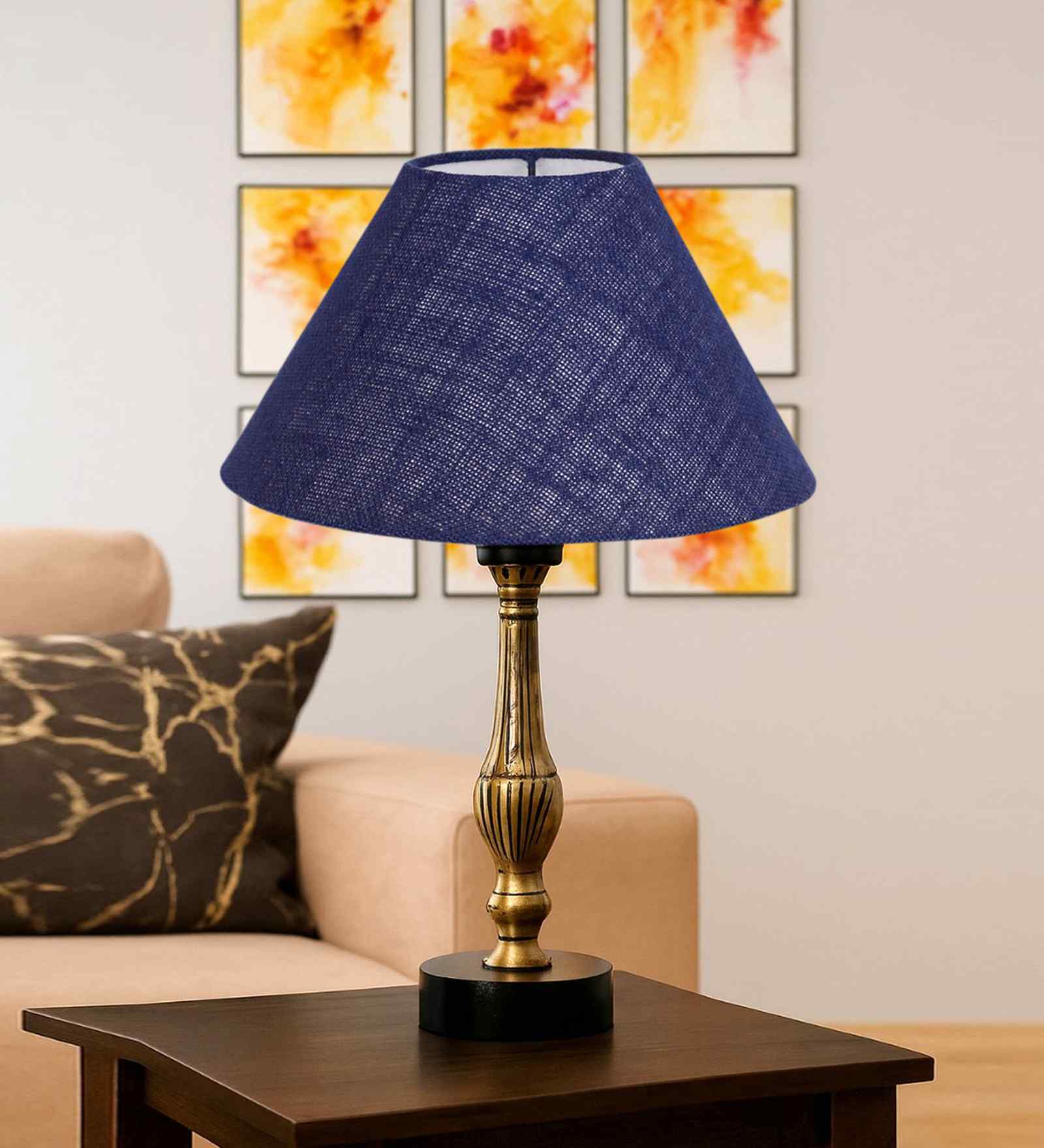 Blue Jute Table Lamp With Metal & Wood Base 10X15 Inches Blue Jute Table Lamp With Metal & Wood Base 10X15 Inches