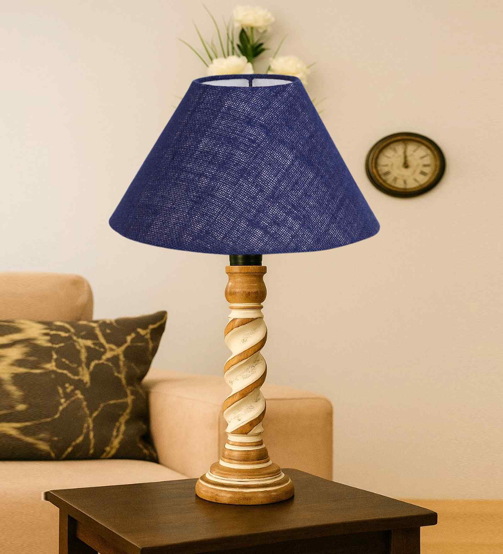 Blue Jute Table Lamp With Wood Base 10X19 Inches Blue Jute Table Lamp With Wood Base 10X19 Inches