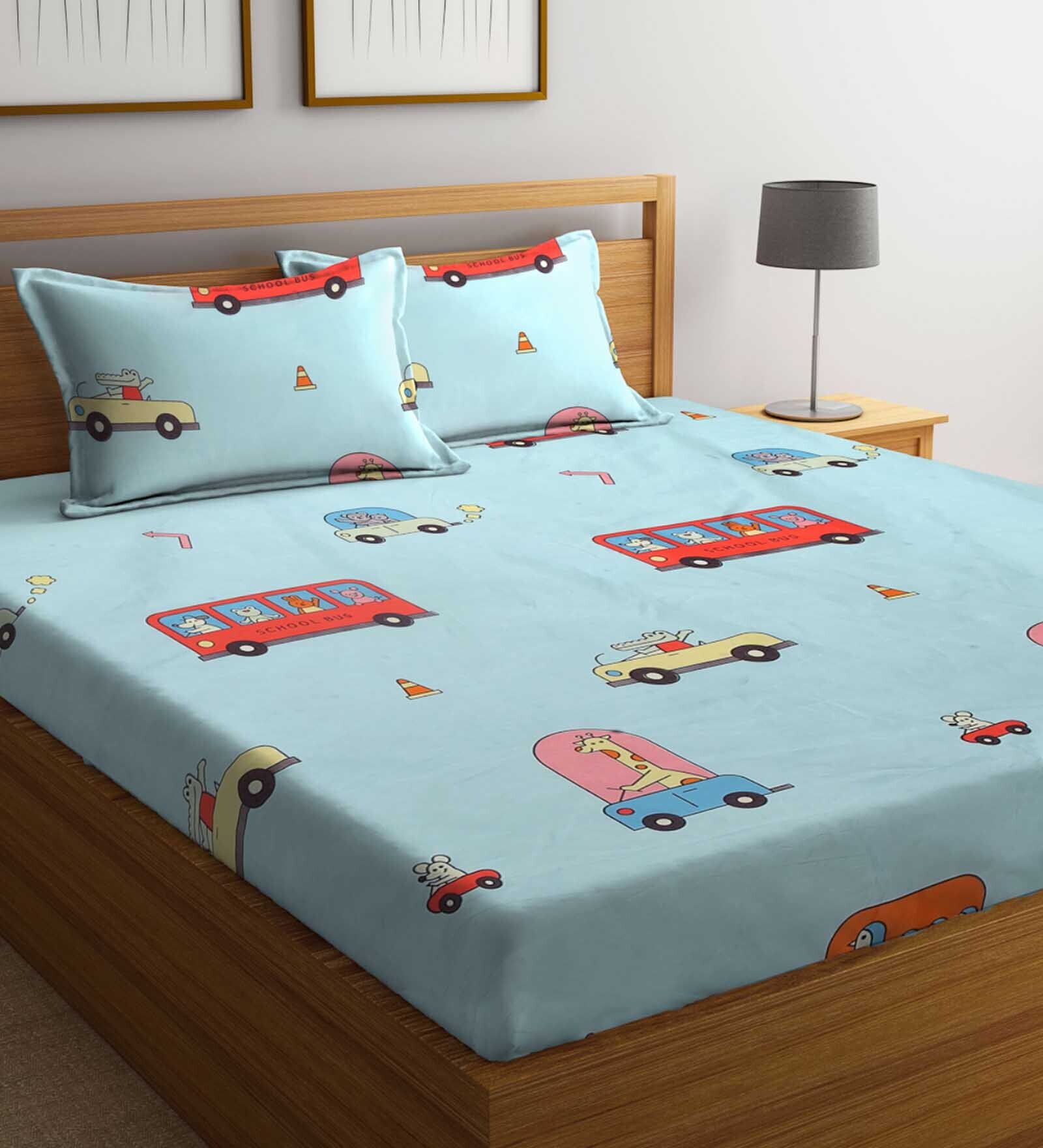 Blue Characters 300 TC Cotton Blend Double Size Bedsheet With 2 Pillow Covers