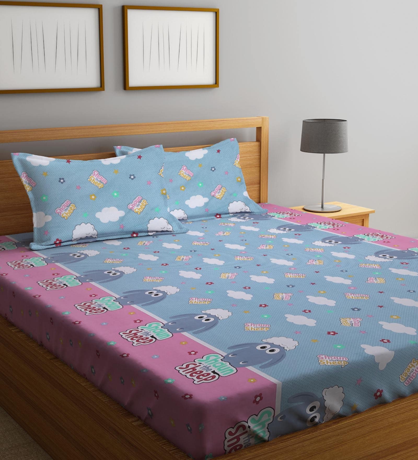 Blue Shaun The Sheep 300 TC Cotton Double Size Bedsheet With 2 Pillow Covers