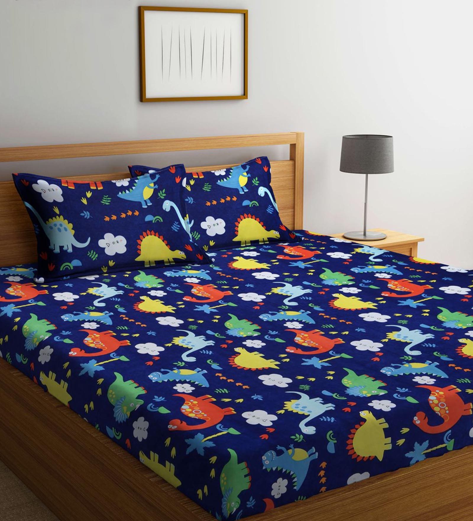 Blue Kids 300 TC Poly Cotton King Sized Bedsheets With 2 Pillow Covers